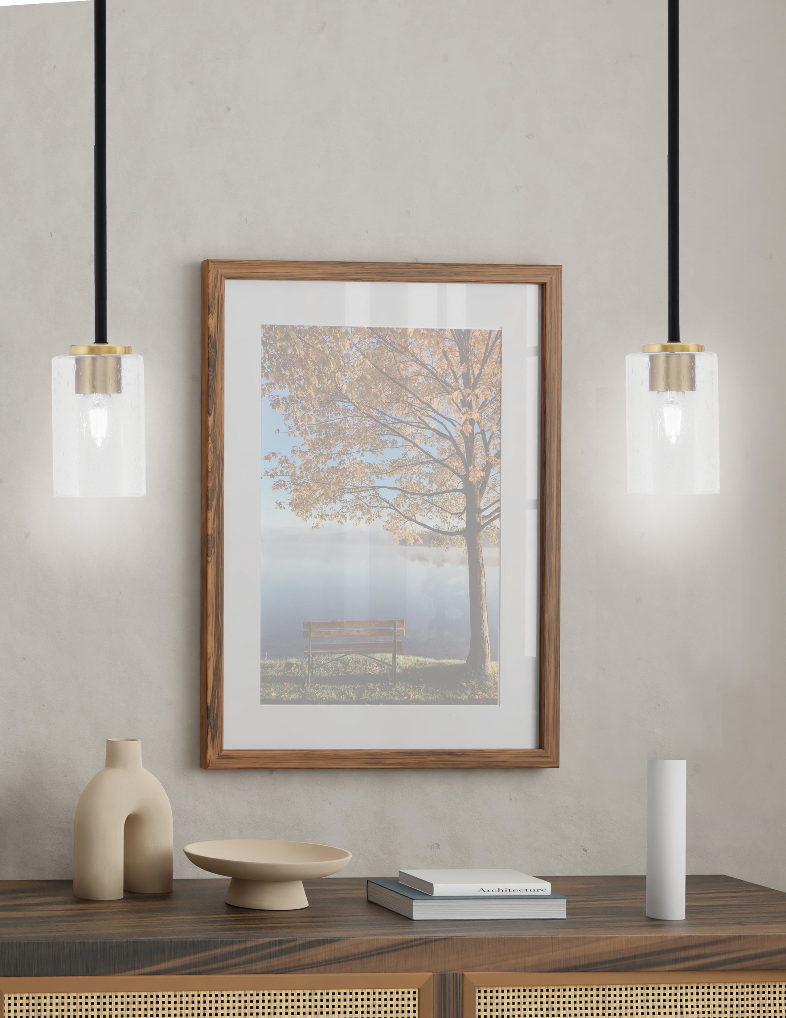 Sandia One Light Mini Pendant in Matte Black & New Age Brass with Clear Bubble Shade