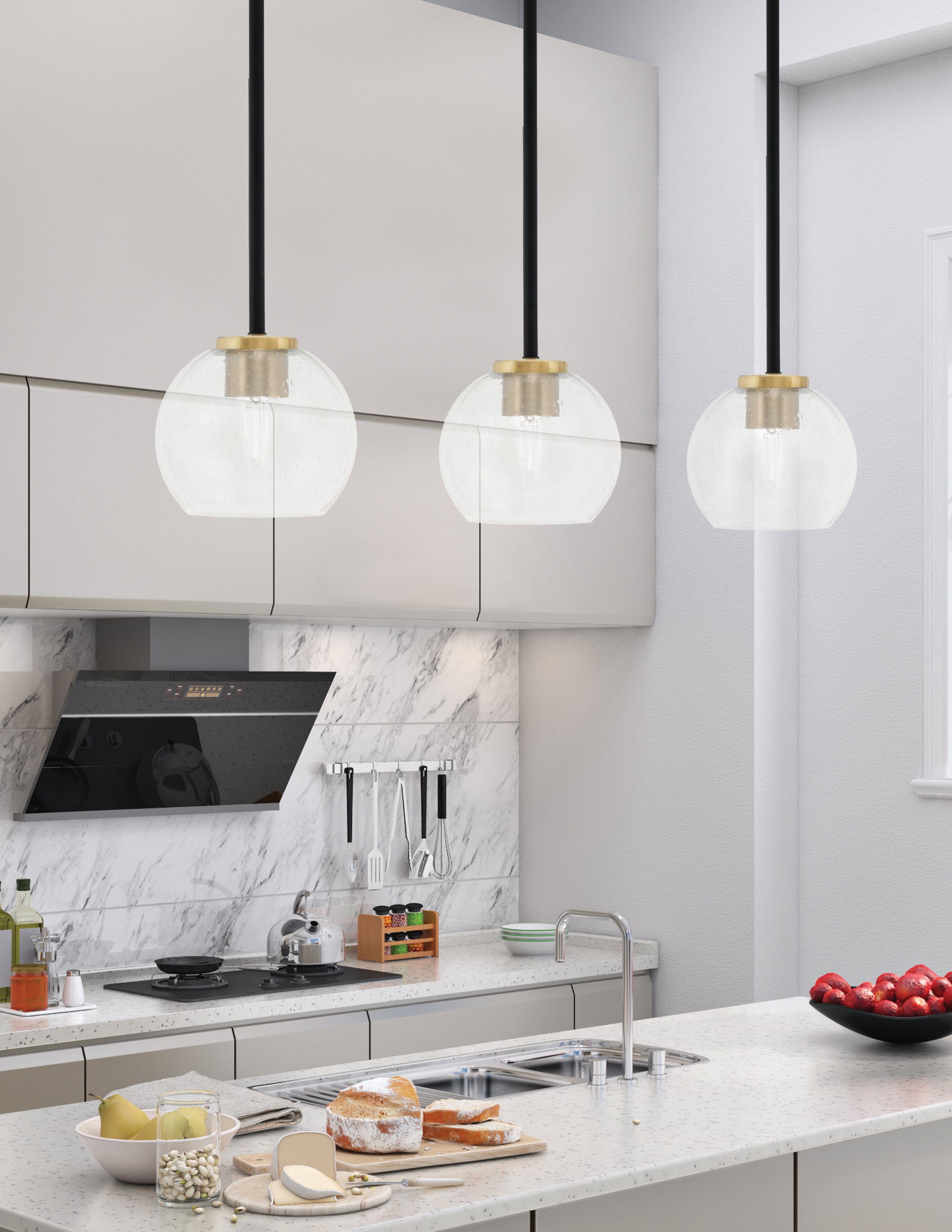 Sandia One Light Mini Pendant in Matte Black & New Age Brass with Clear Bubble Shade