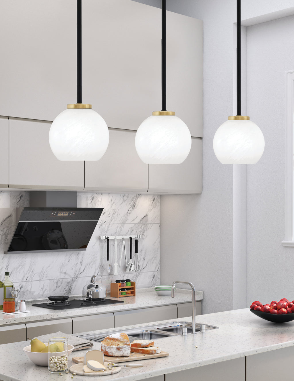 Sandia One Light Mini Pendant in Matte Black & New Age Brass with White Marble Shade