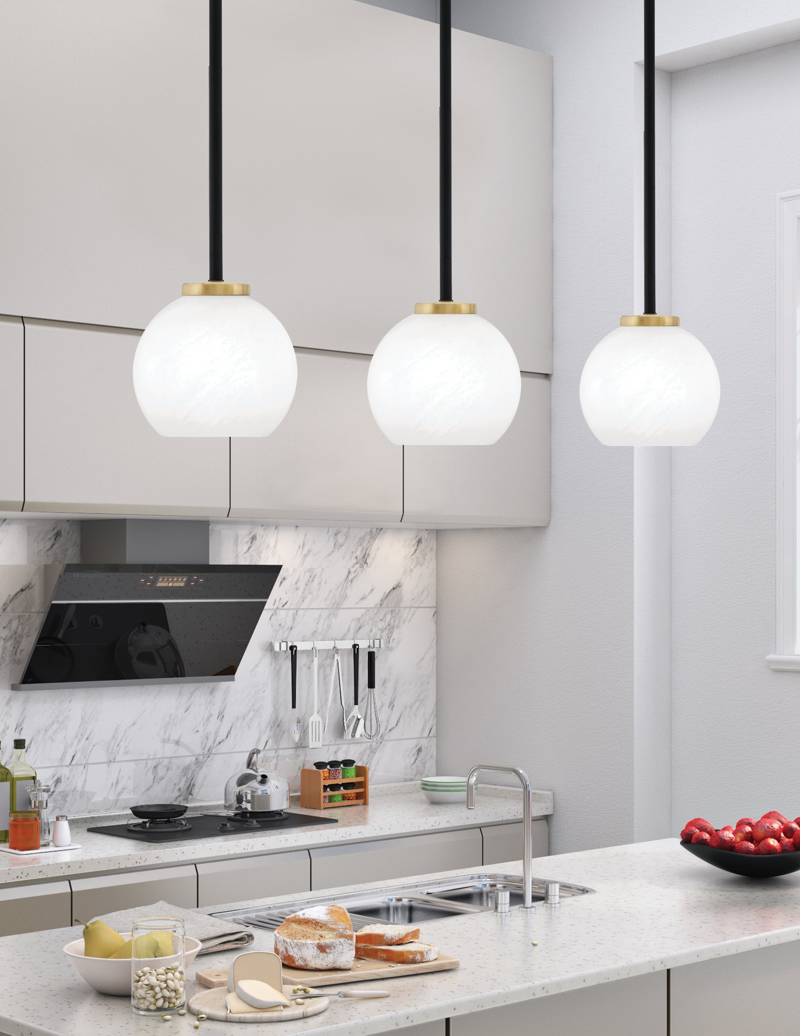 Sandia One Light Mini Pendant in Matte Black & New Age Brass with White Marble Shade