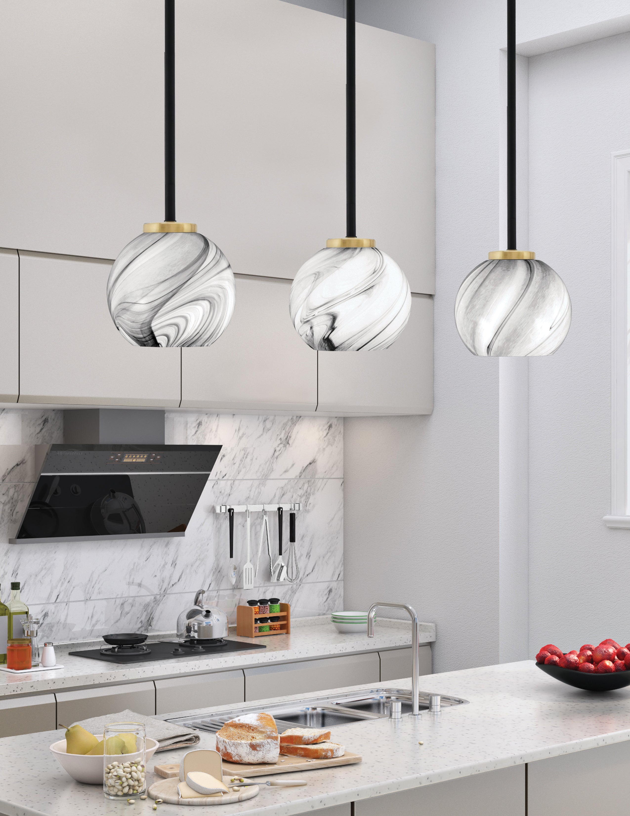 Sandia One Light Mini Pendant in Matte Black & New Age Brass with Onyx Swirl Shade