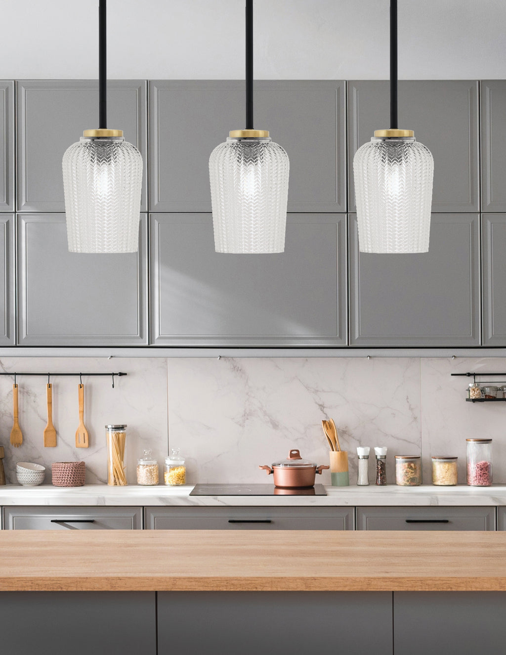 Sandia One Light Mini Pendant in Matte Black & New Age Brass with Clear Textured Shade