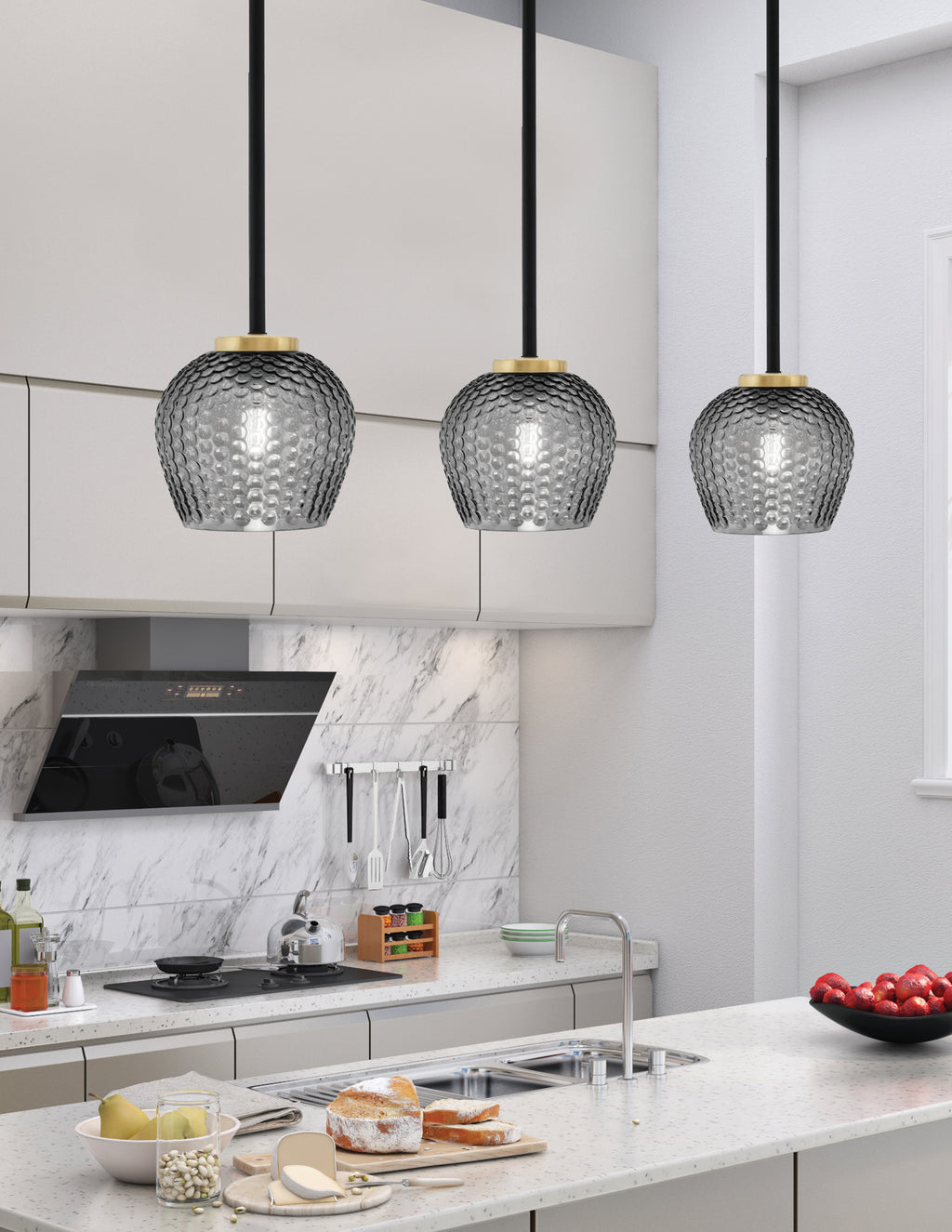 Sandia One Light Mini Pendant in Matte Black & New Age Brass with Smoke Textured Shade