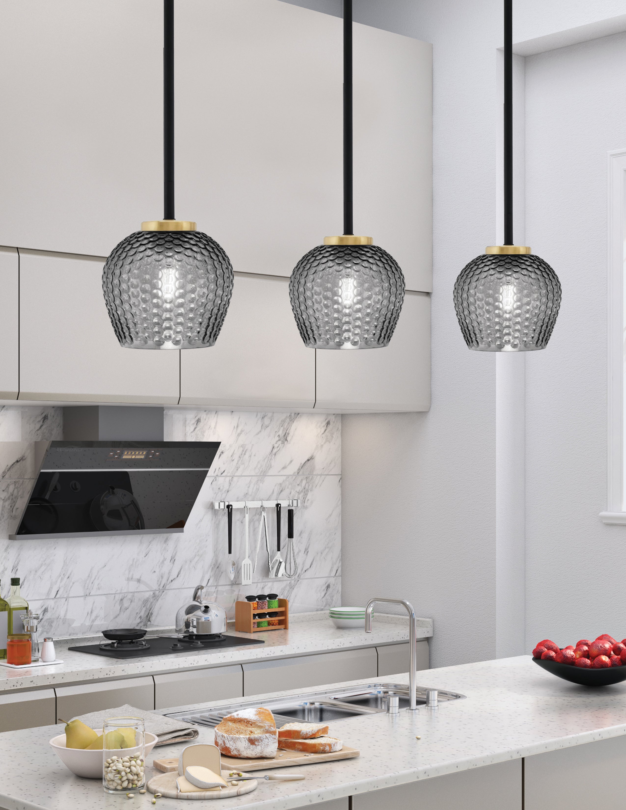 Sandia One Light Mini Pendant in Matte Black & New Age Brass with Smoke Textured Shade