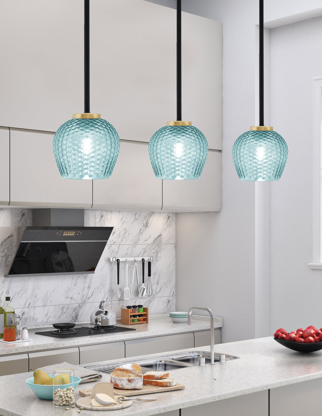 Sandia One Light Mini Pendant in Matte Black & New Age Brass with Turquoise Textured Shade