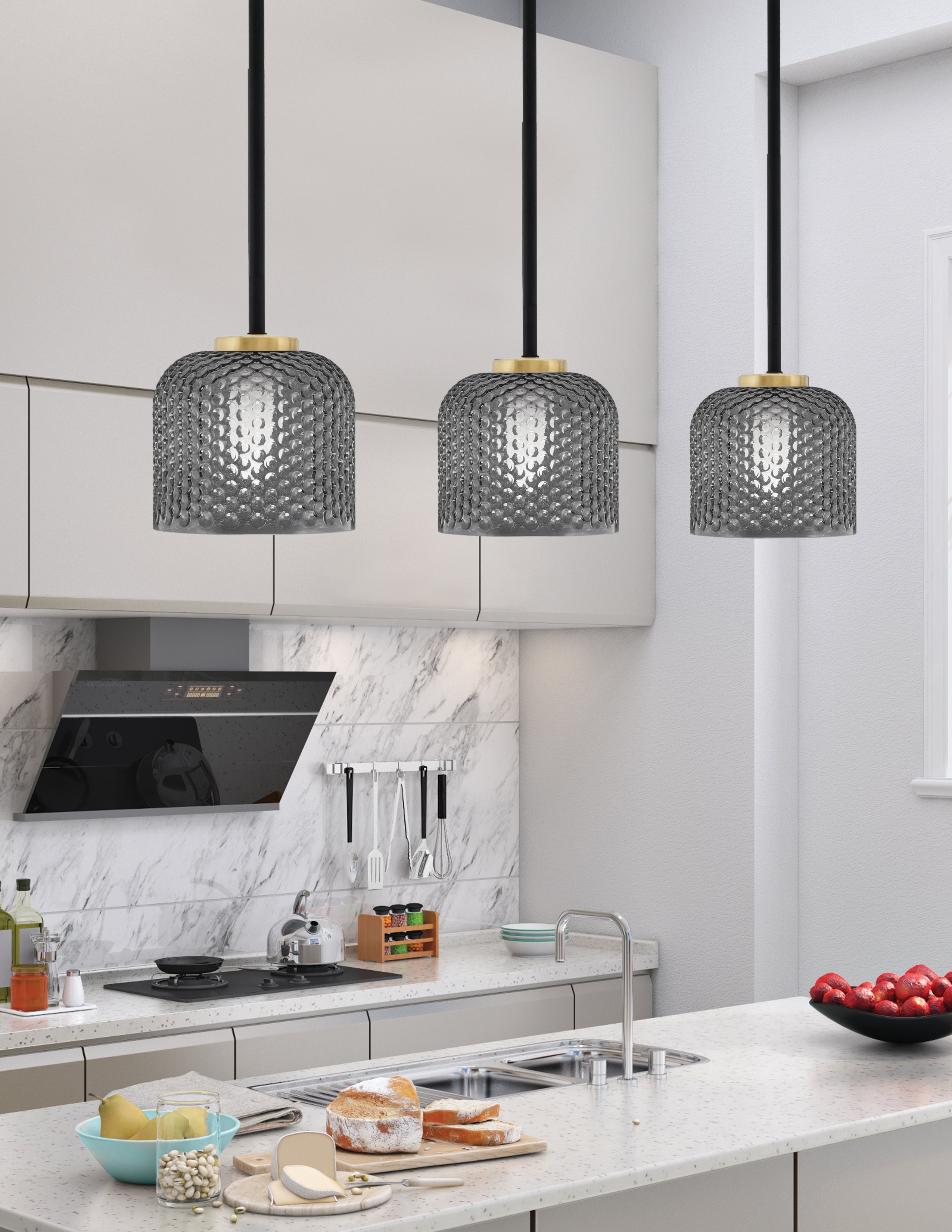 Sandia One Light Mini Pendant in Matte Black & New Age Brass with Smoke Textured Shade