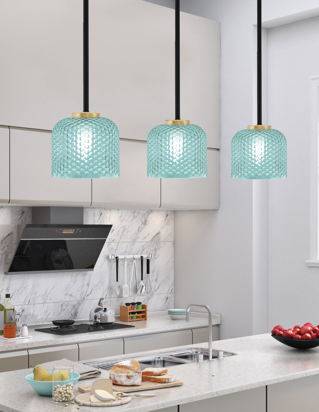 Sandia One Light Mini Pendant in Matte Black & New Age Brass with Turquoise Textured Shade
