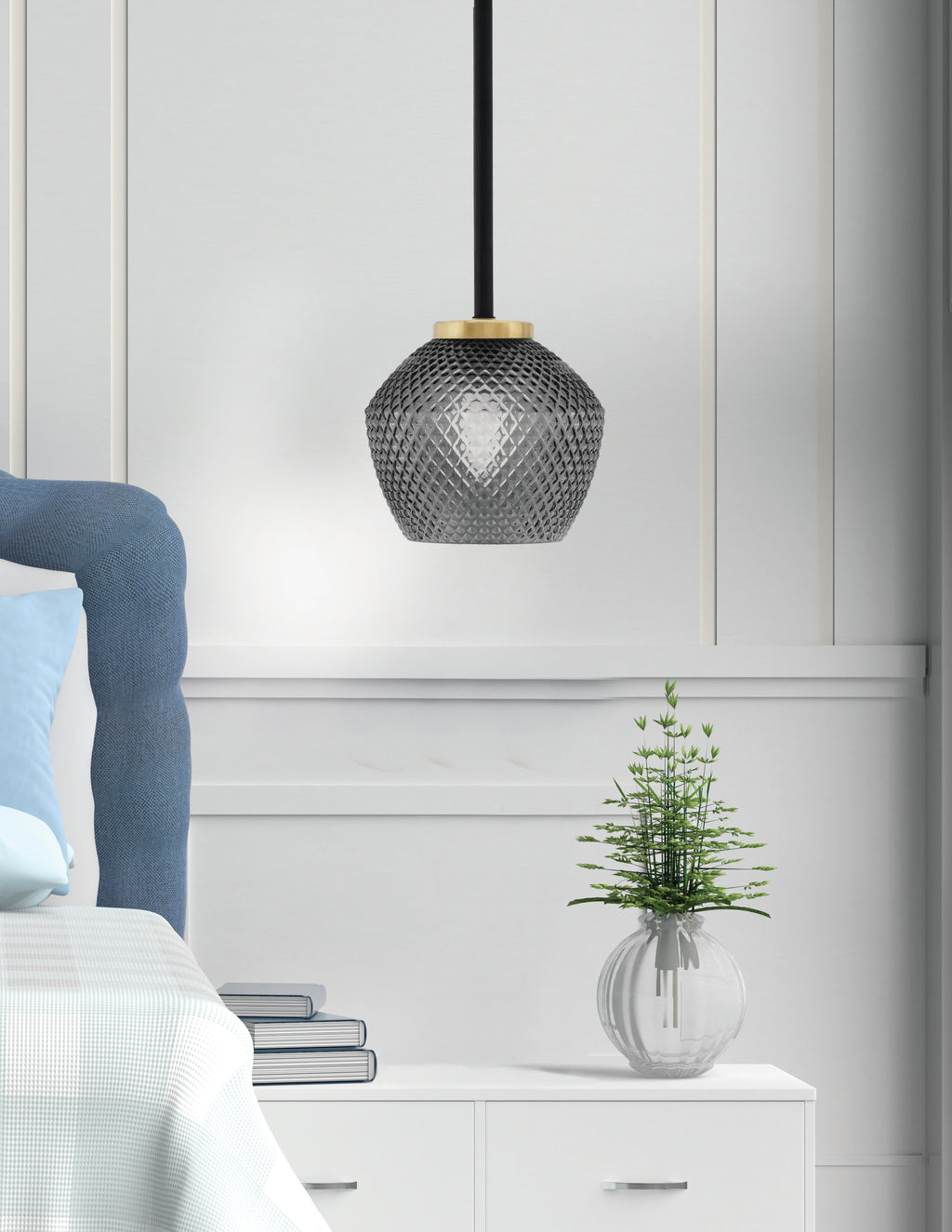 Sandia One Light Mini Pendant in Matte Black & New Age Brass with Smoke Textured Shade