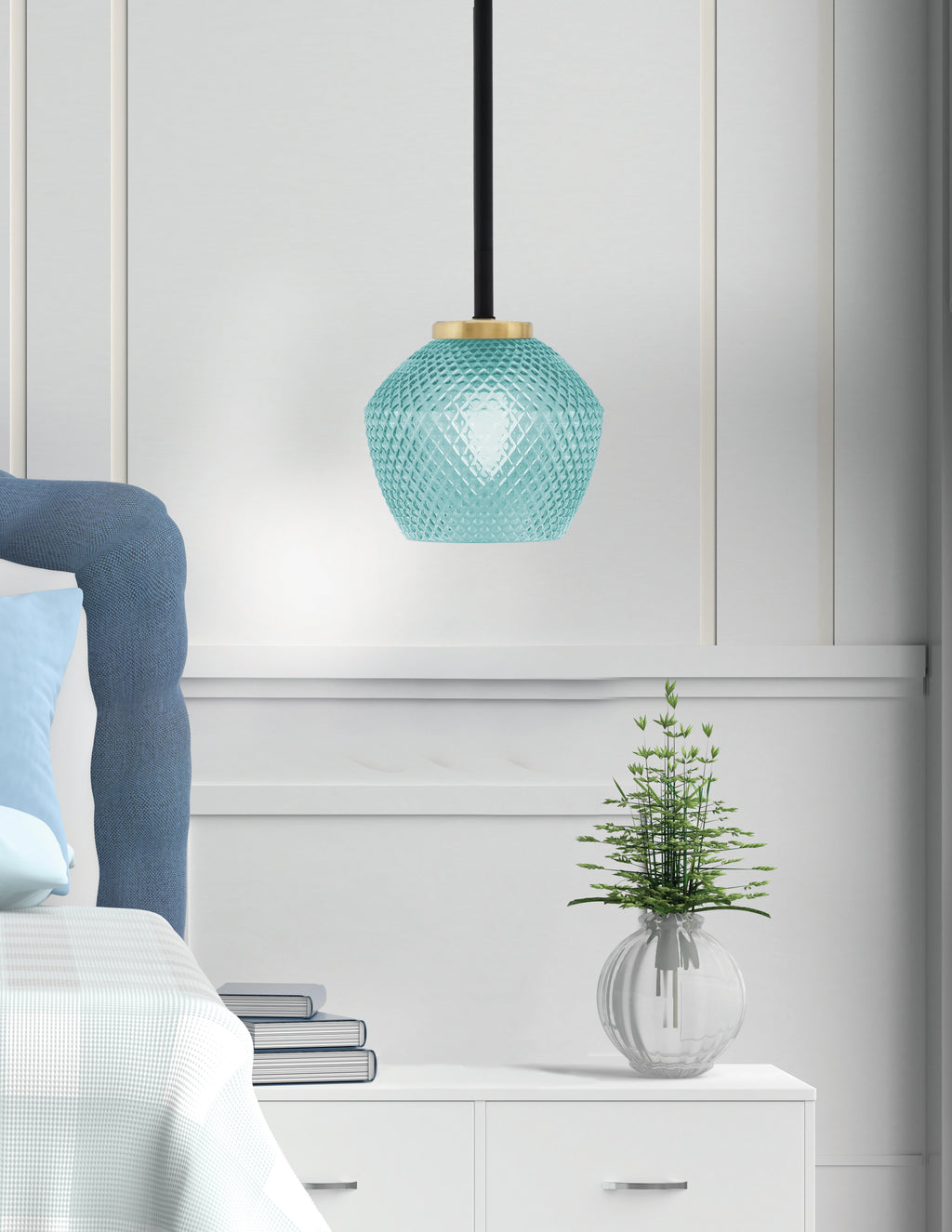 Sandia One Light Mini Pendant in Matte Black & New Age Brass with Turquoise Textured Shade