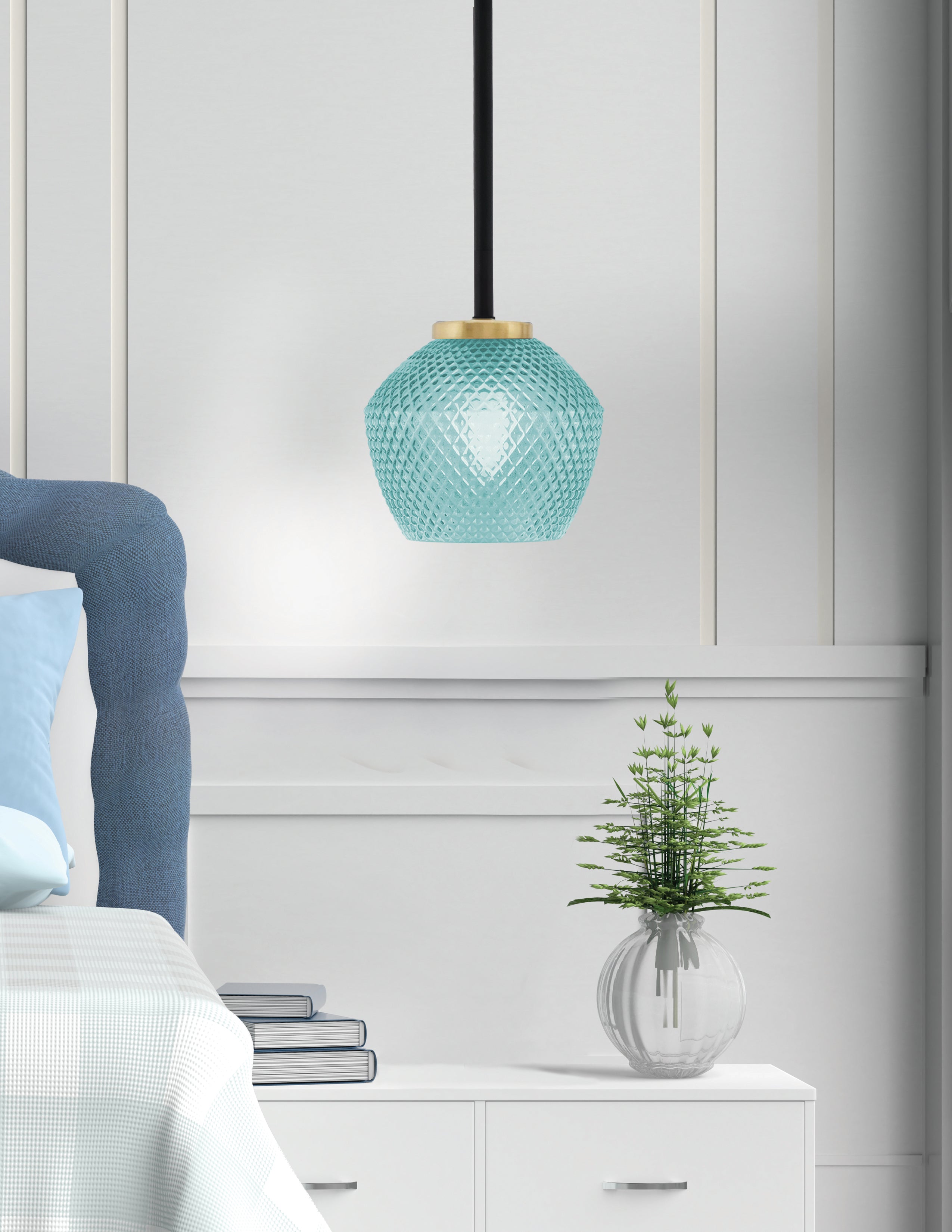 Sandia One Light Mini Pendant in Matte Black & New Age Brass with Turquoise Textured Shade