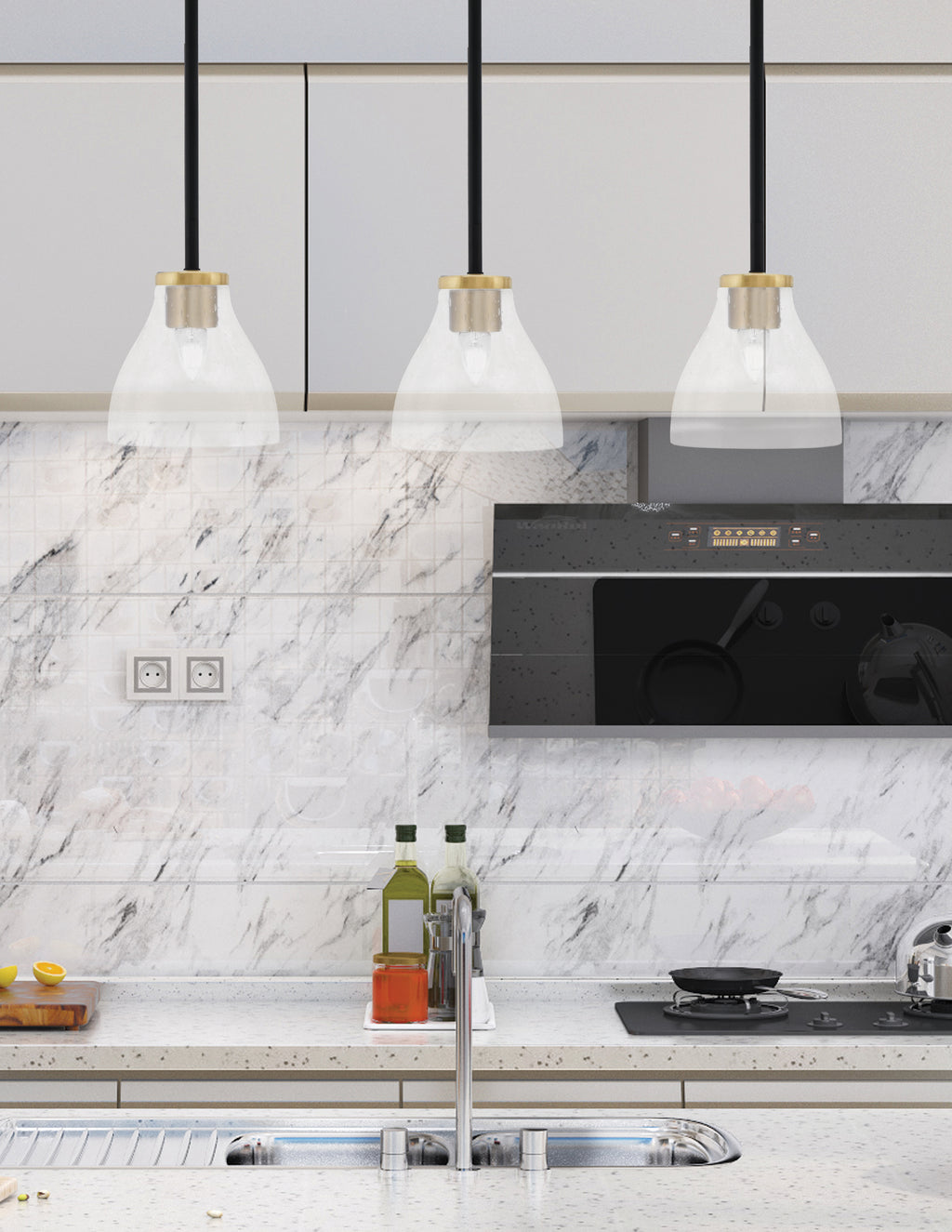 Sandia One Light Mini Pendant in Matte Black & New Age Brass with Clear Bubble Shade