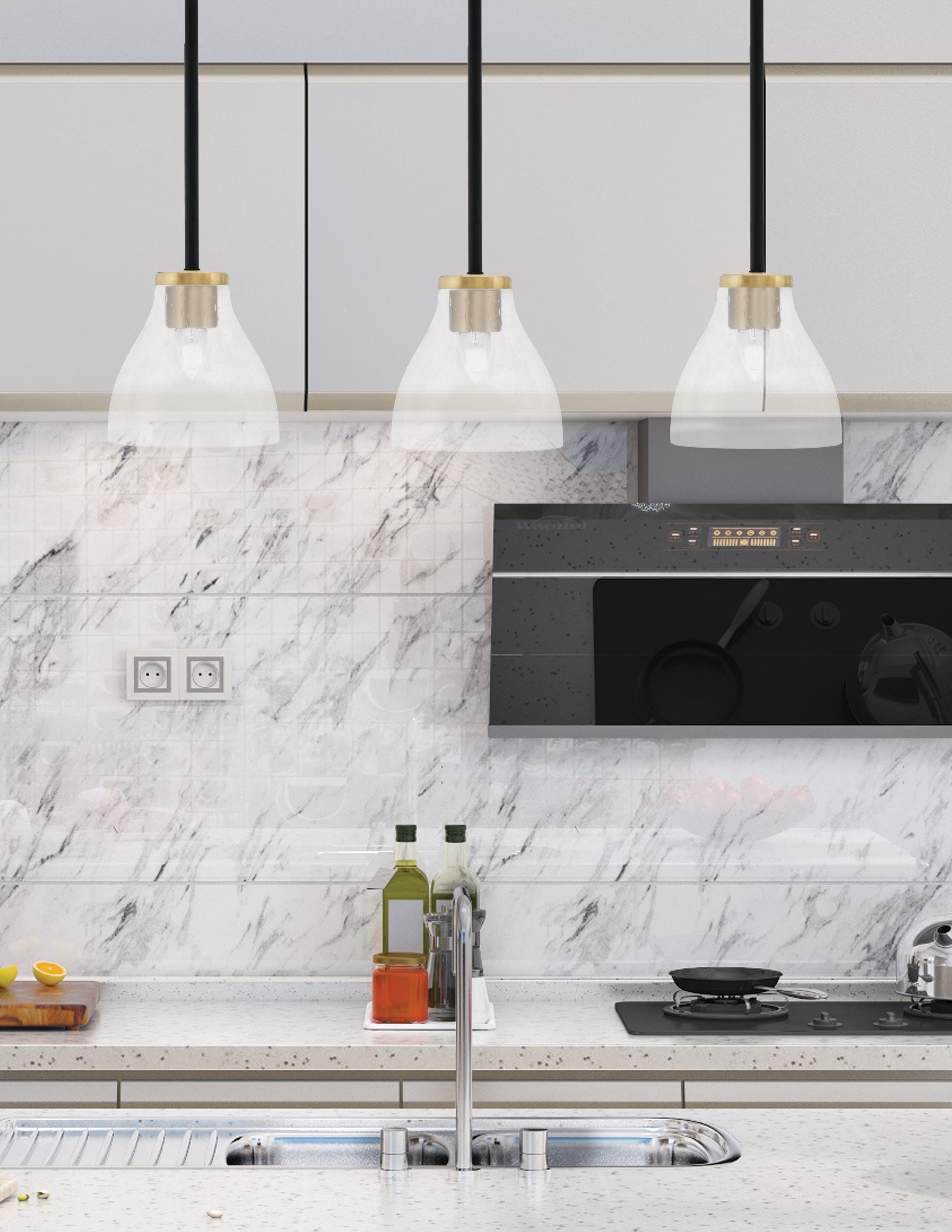 Sandia One Light Mini Pendant in Matte Black & New Age Brass with Clear Bubble Shade
