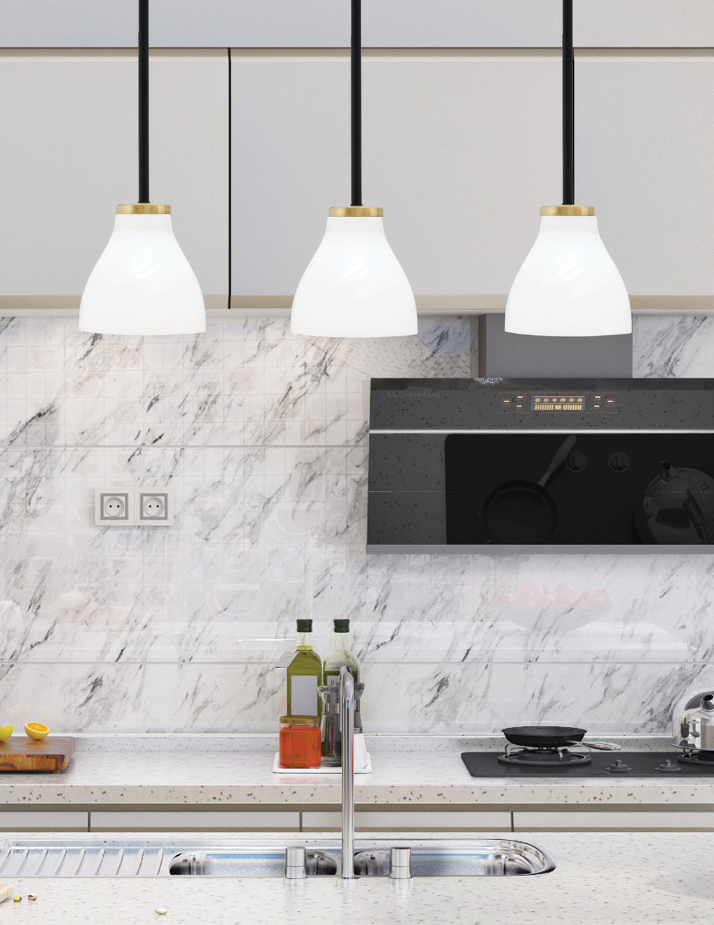 Sandia One Light Mini Pendant in Matte Black & New Age Brass with White Marble Shade
