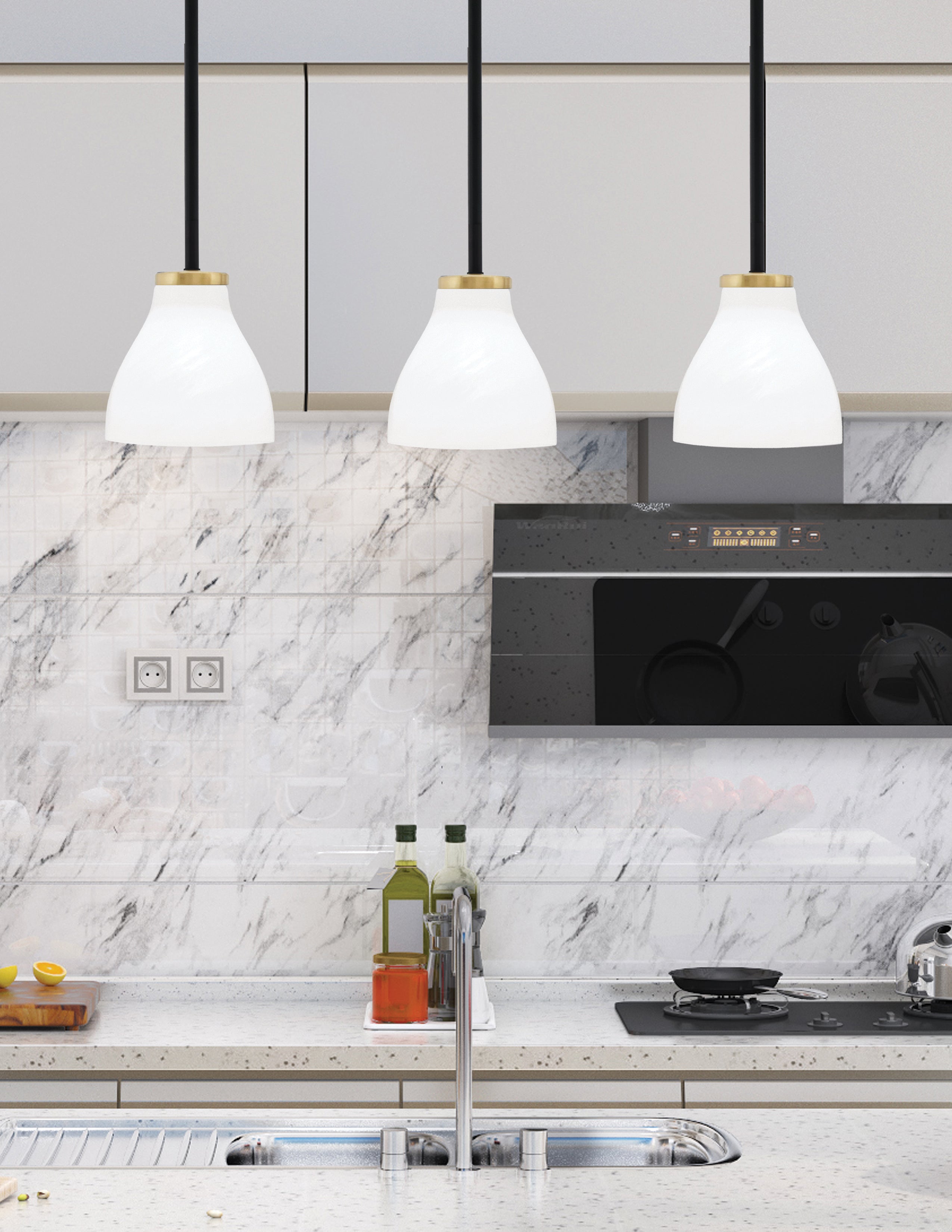 Sandia One Light Mini Pendant in Matte Black & New Age Brass with White Marble Shade
