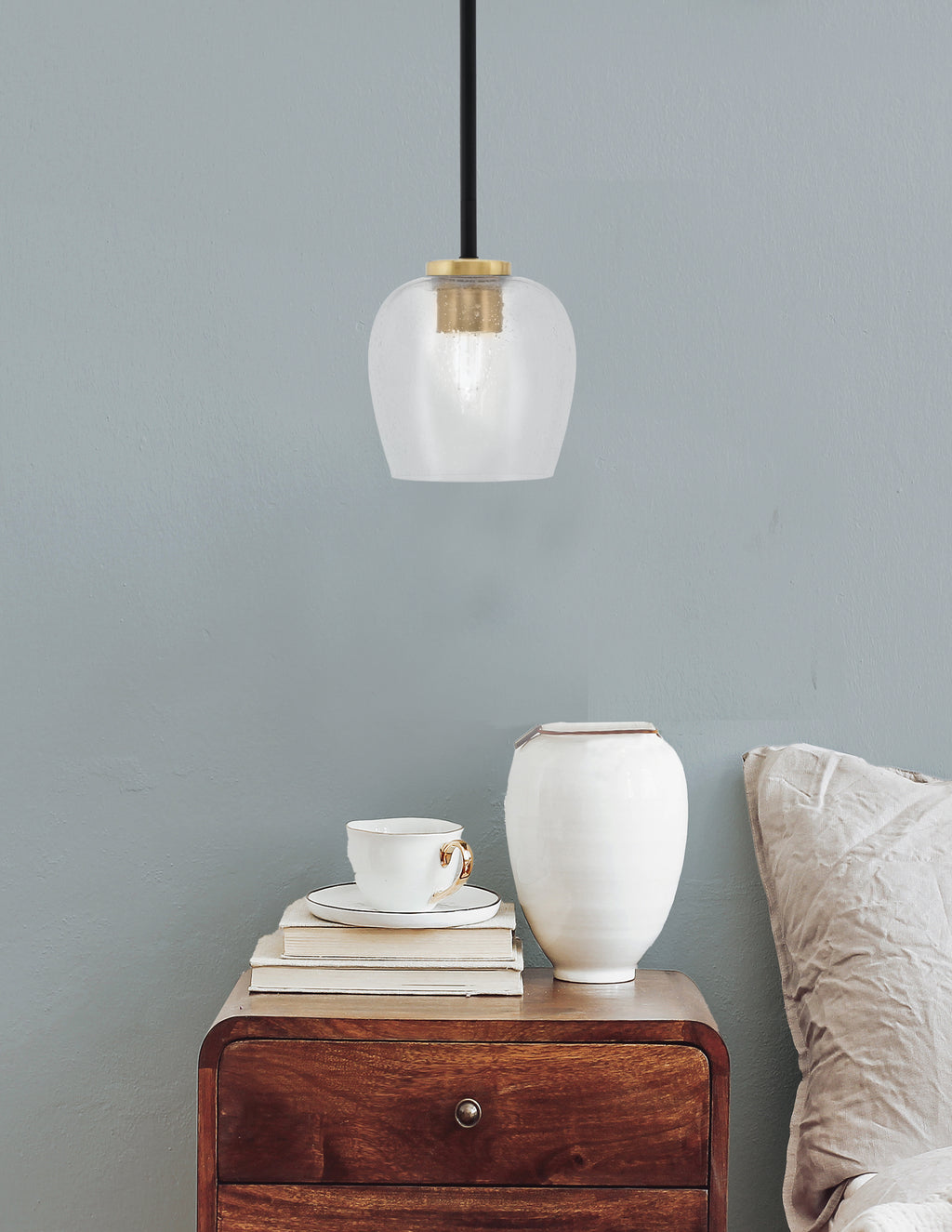 Sandia One Light Mini Pendant in Matte Black & New Age Brass with Clear Bubble Shade