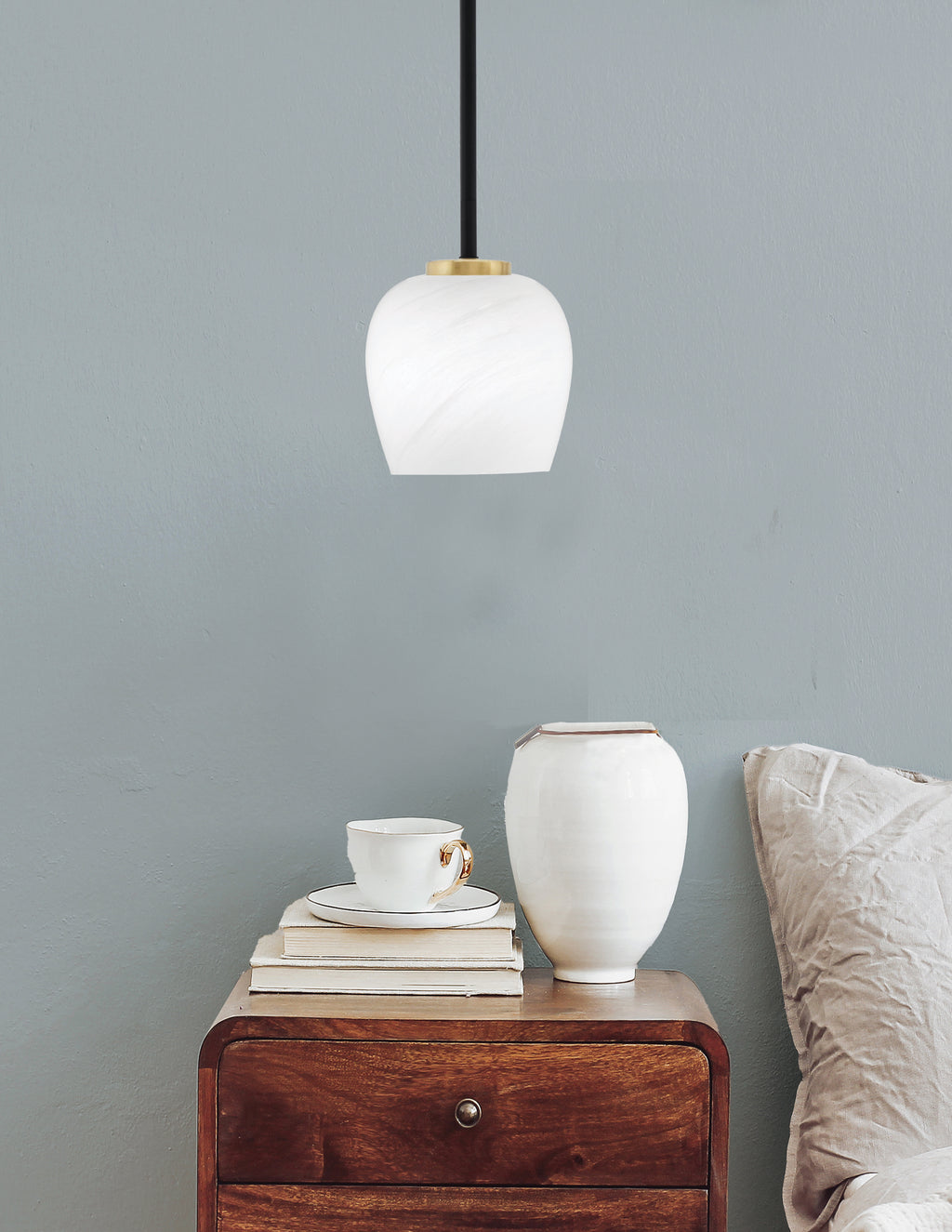 Sandia One Light Mini Pendant in Matte Black & New Age Brass with White Marble Shade