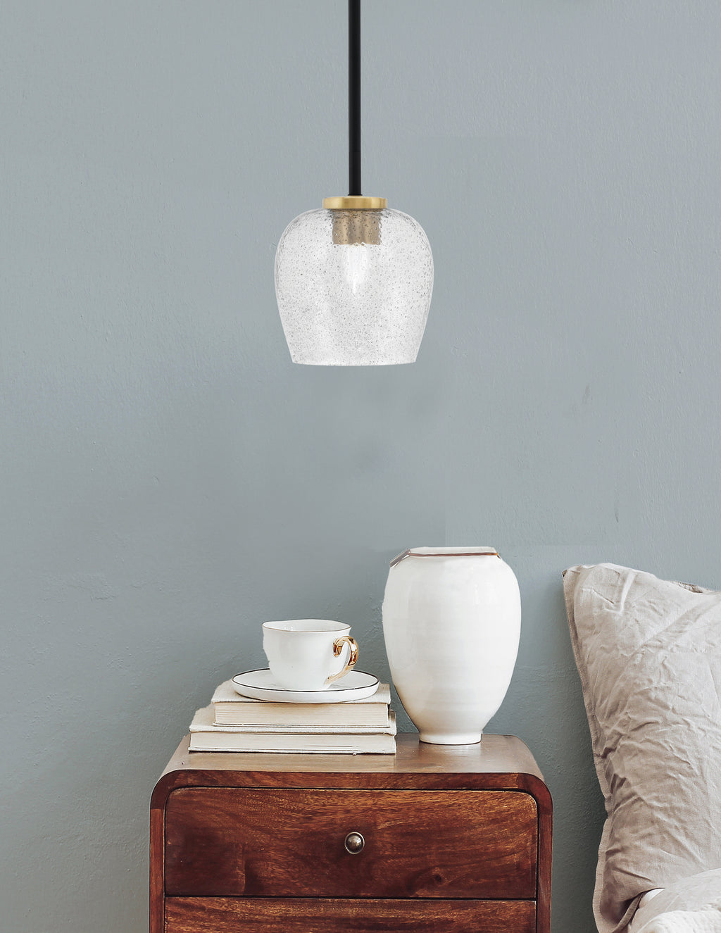 Sandia One Light Mini Pendant in Matte Black & New Age Brass with Smoke Bubble Shade