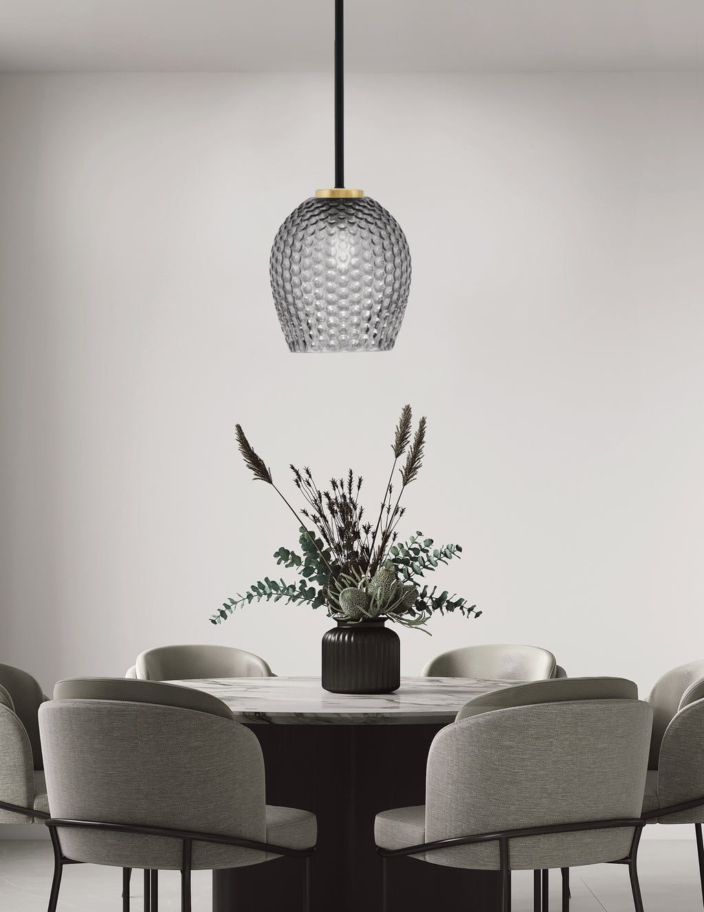 Sandia One Light Mini Pendant in Matte Black & New Age Brass with Smoke Textured Shade