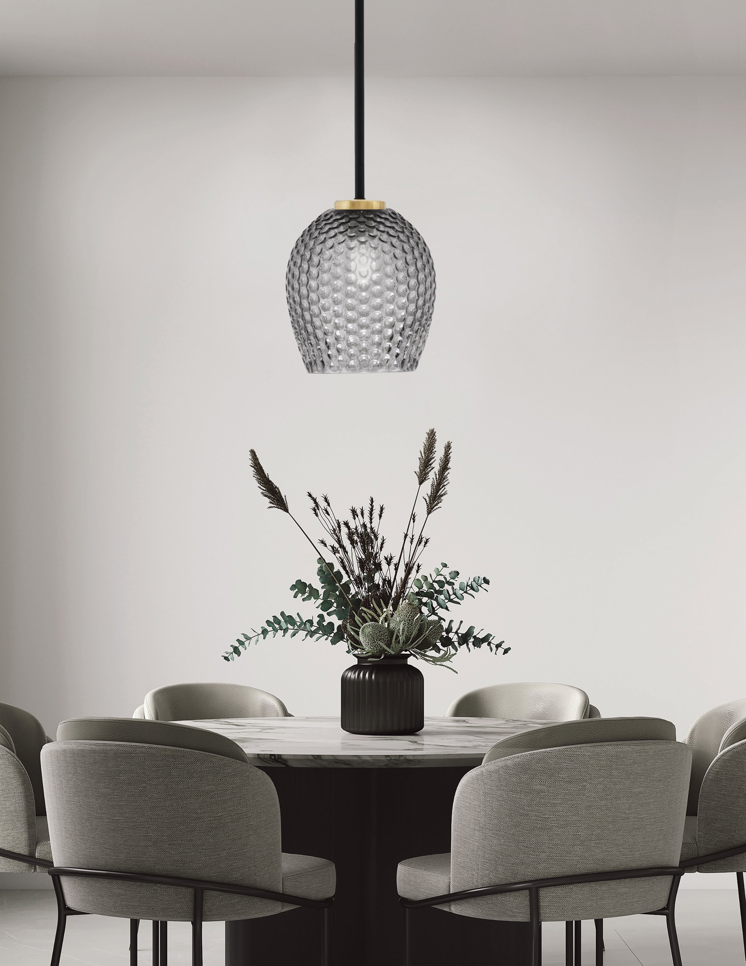 Sandia One Light Mini Pendant in Matte Black & New Age Brass with Smoke Textured Shade