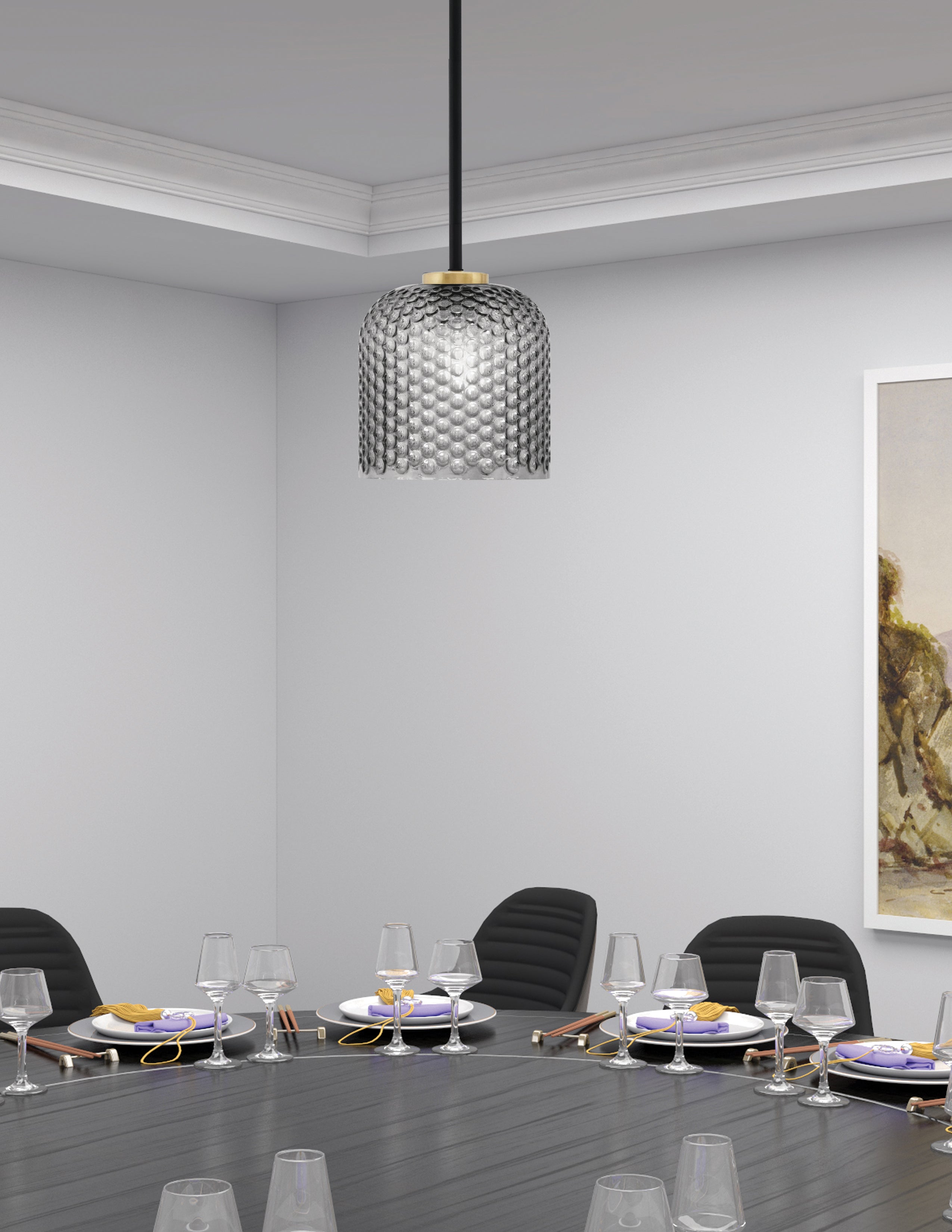 Sandia One Light Mini Pendant in Matte Black & New Age Brass with Smoke Textured Shade