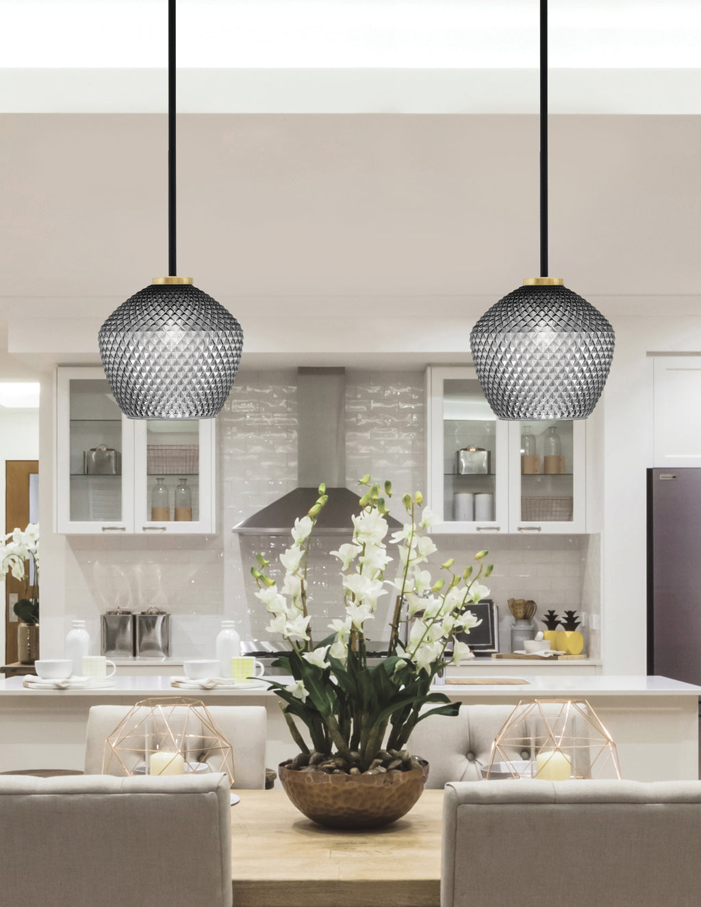 Sandia One Light Mini Pendant in Matte Black & New Age Brass with Smoke Textured Shade