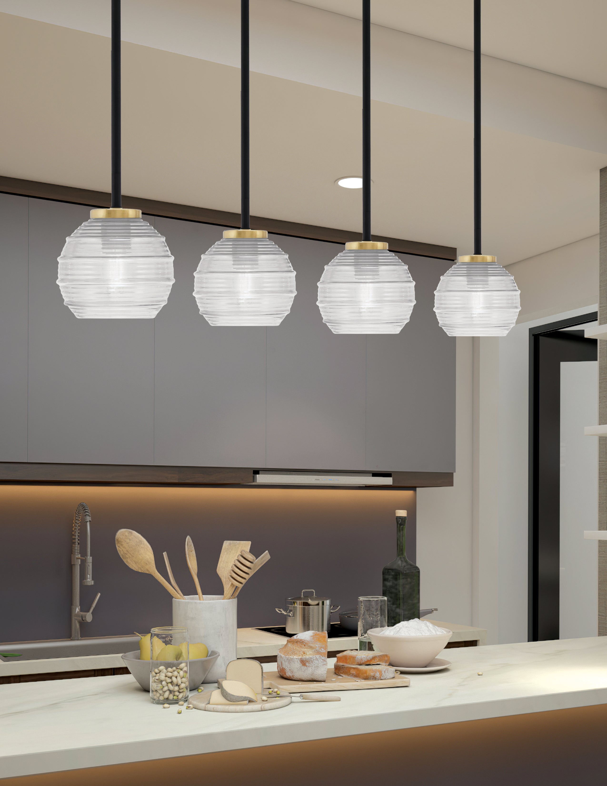 Sandia One Light Mini Pendant in Matte Black & New Age Brass with Clear Ribbed Shade