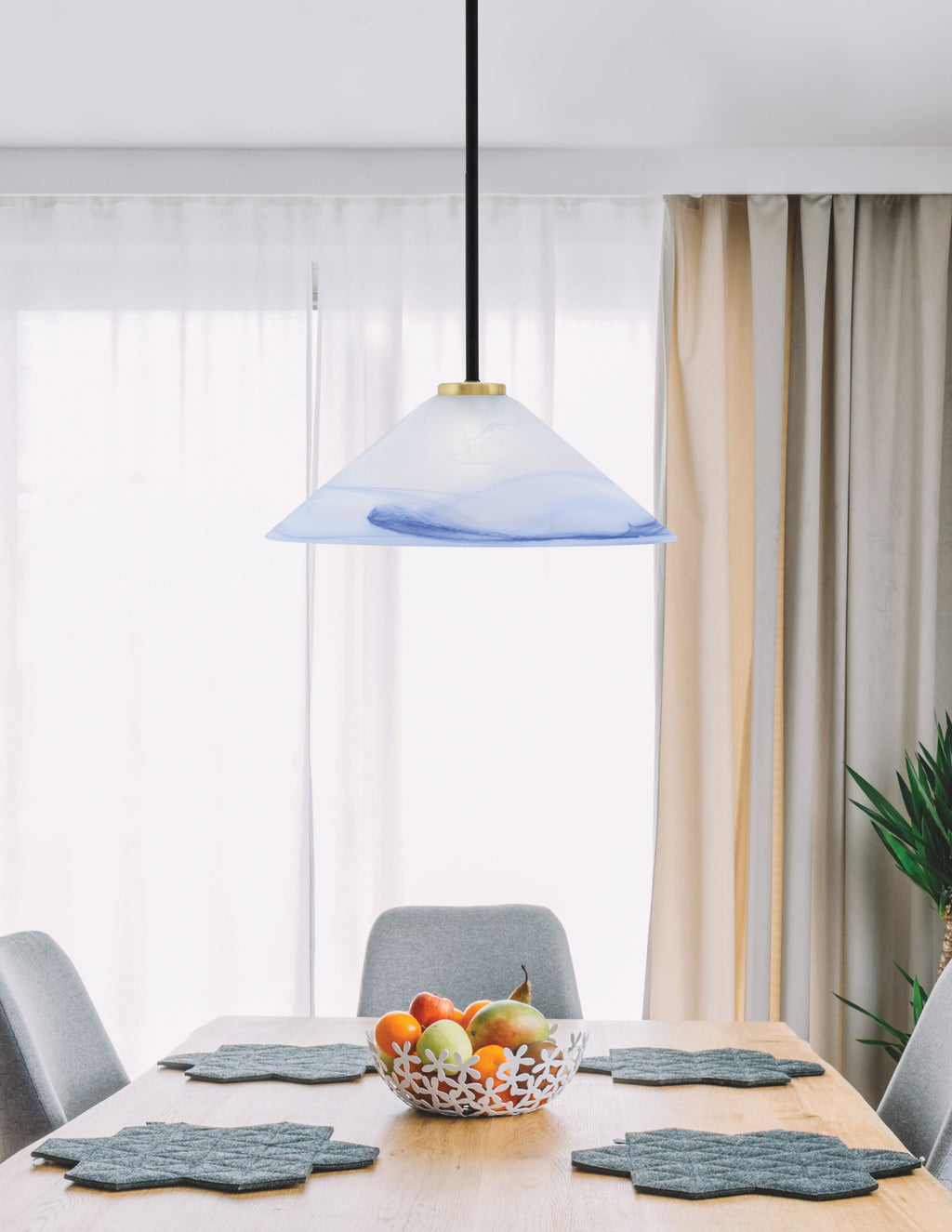 Sandia One Light Pendant in Matte Black & New Age Brass with Blue Swirl Shade