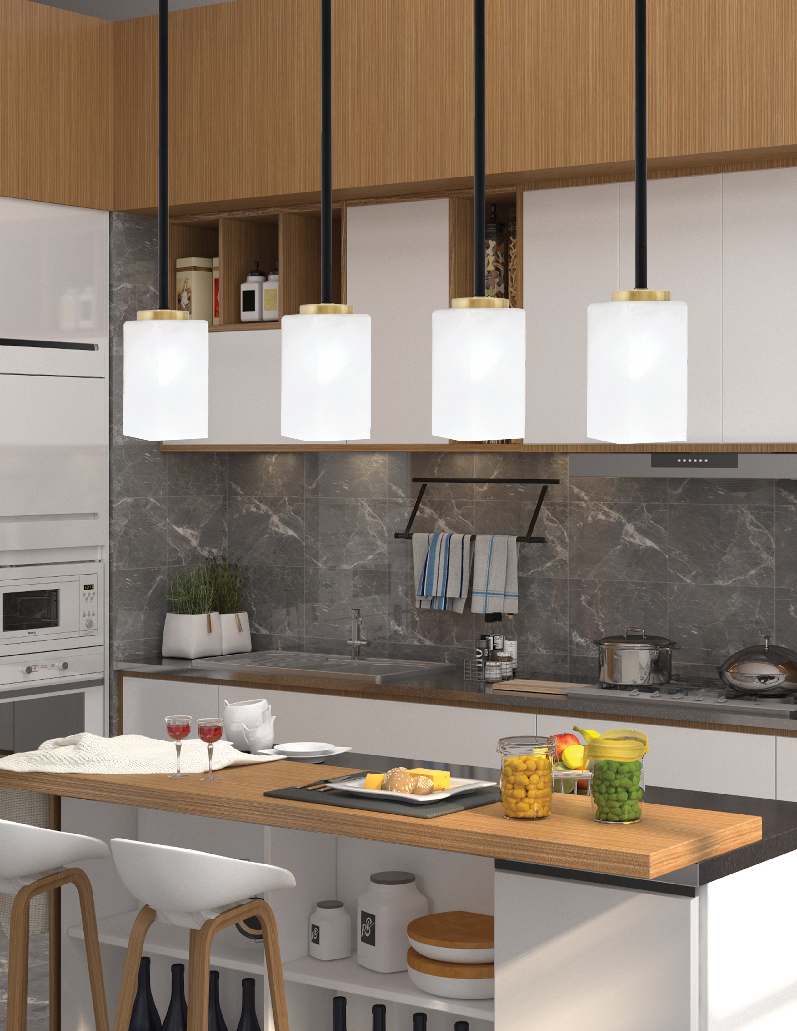 Sandia One Light Mini Pendant in Matte Black & New Age Brass with Square White Marble Shade