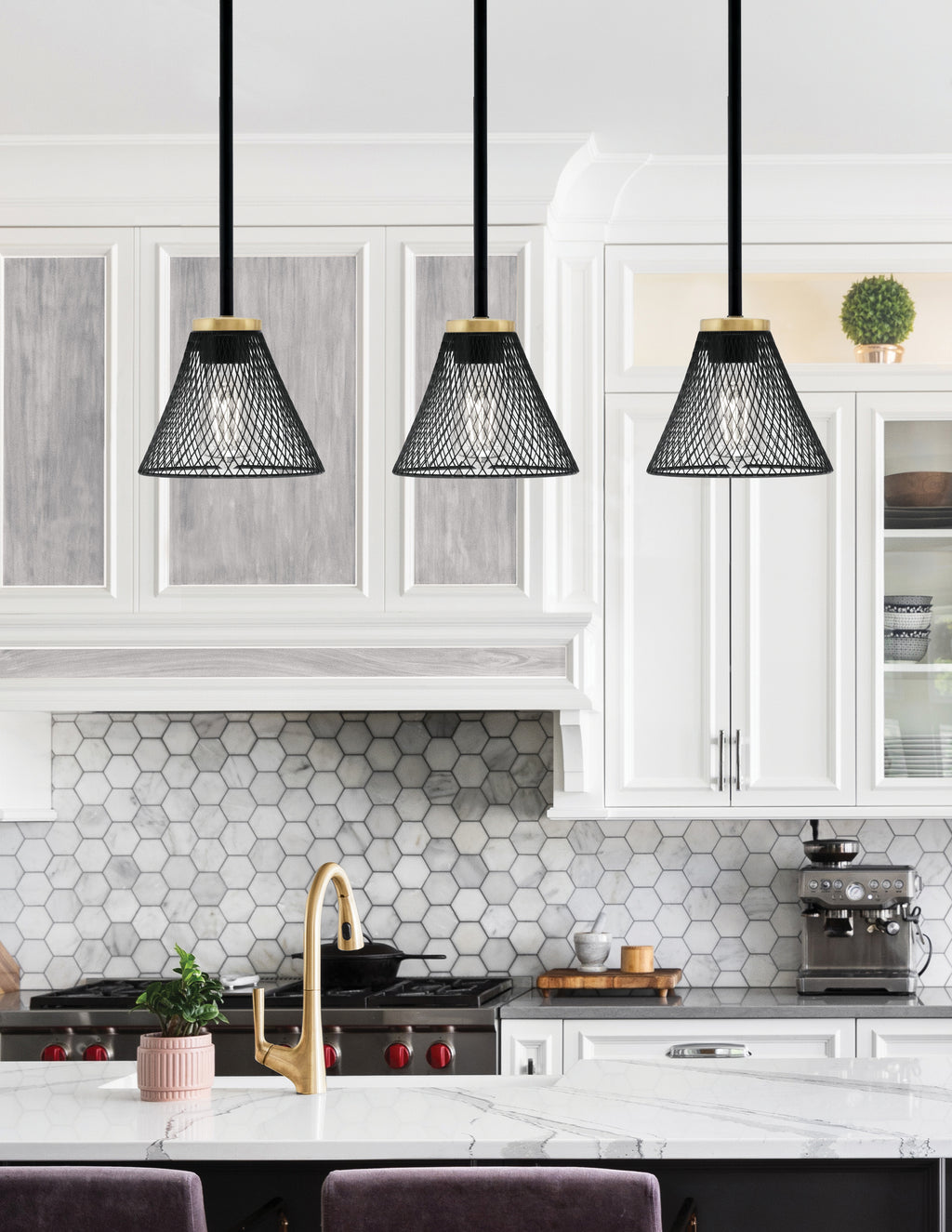 Sandia One Light Mini Pendant in Matte Black & New Age Brass with Matte Black Metal Shade Shade