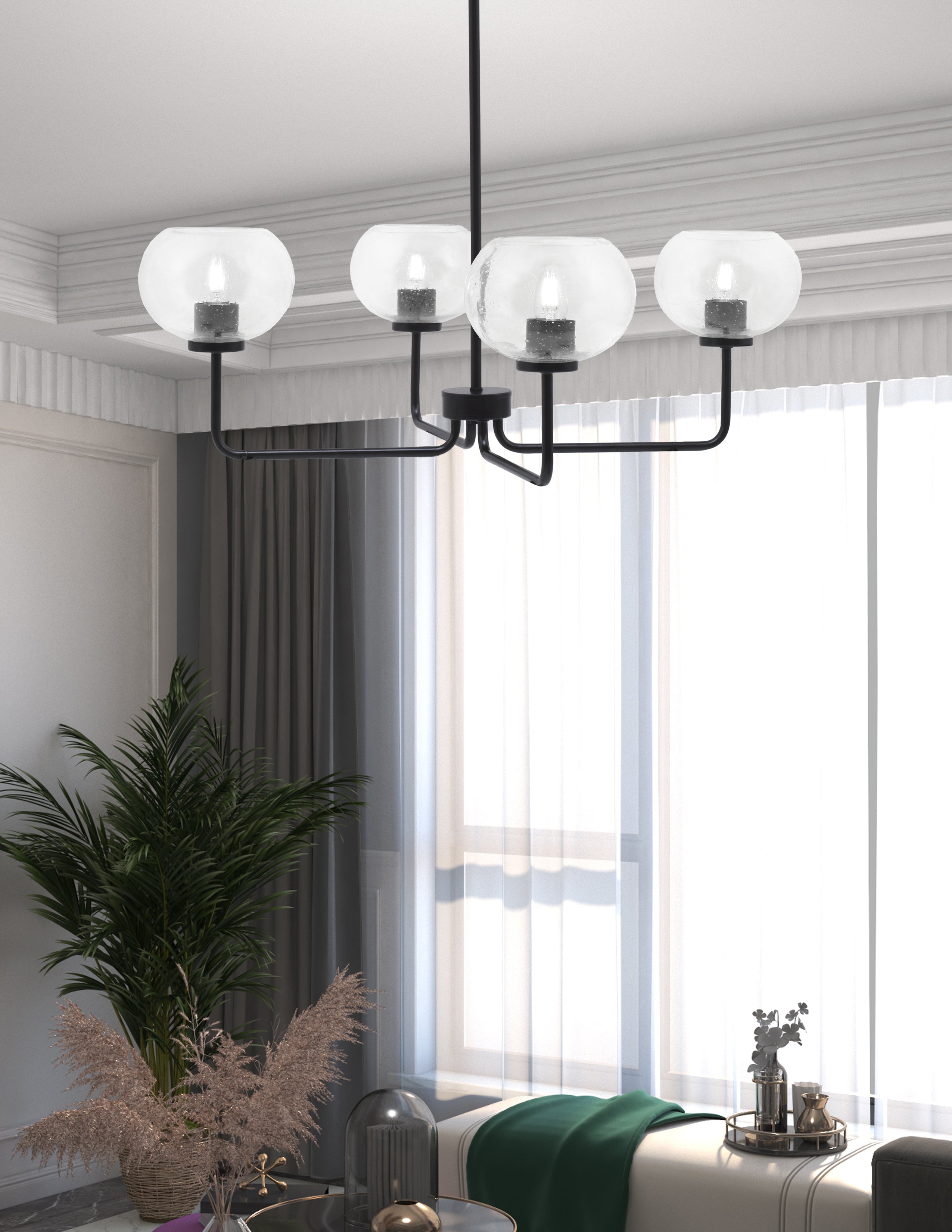 Sandia Four Light Chandelier in Matte Black with Clear Bubble Shade