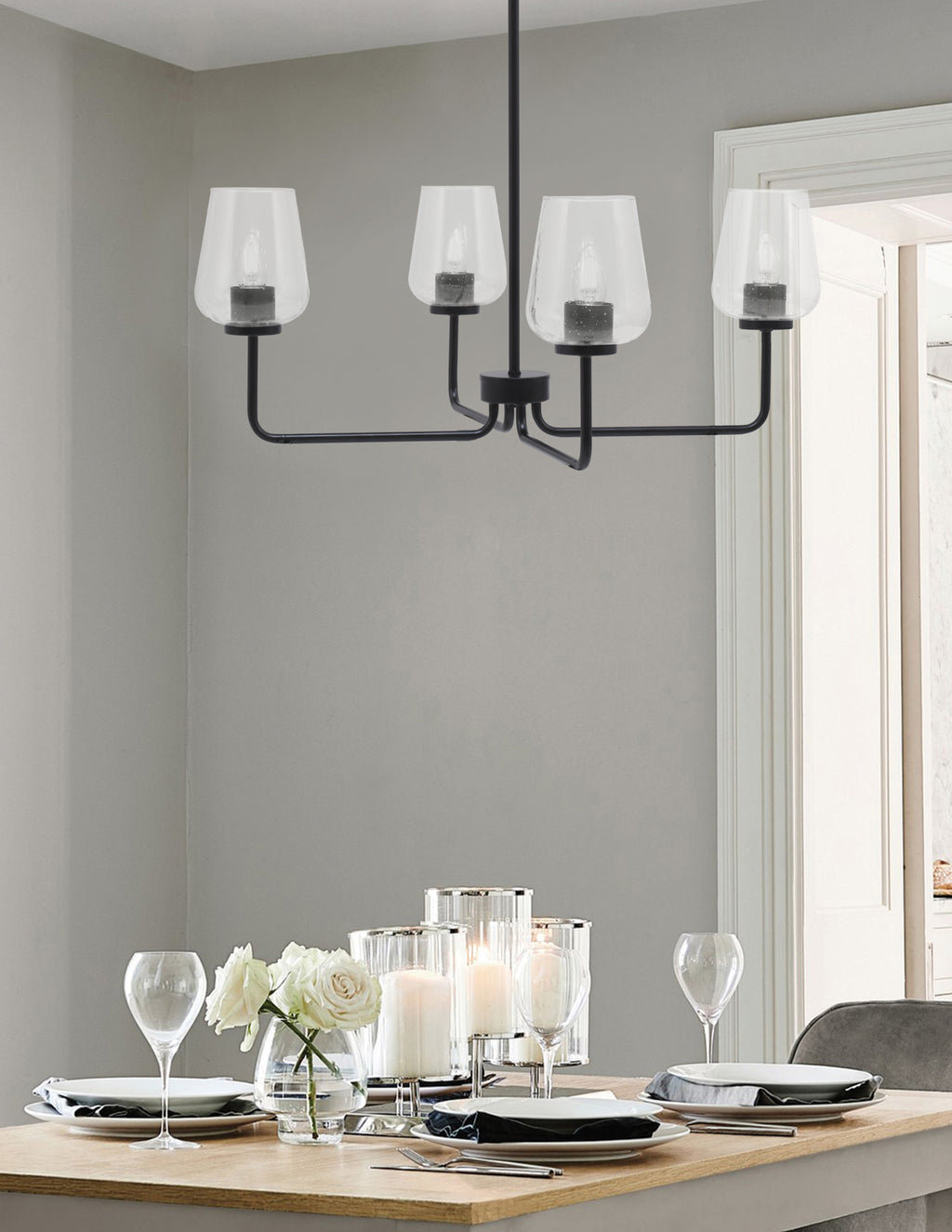 Sandia Four Light Chandelier in Matte Black with Clear Bubble Shade