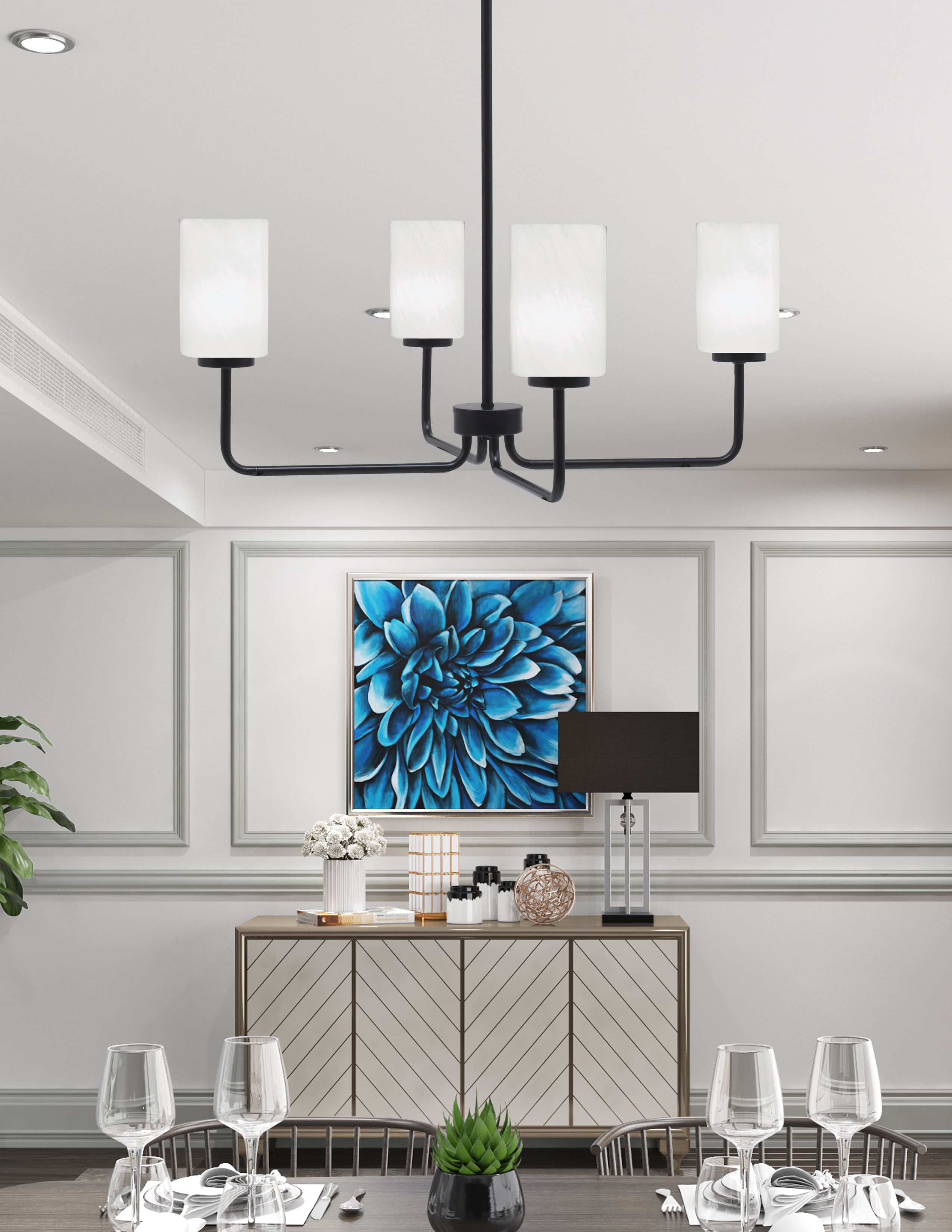 Sandia Four Light Chandelier in Matte Black with White Marble Shade