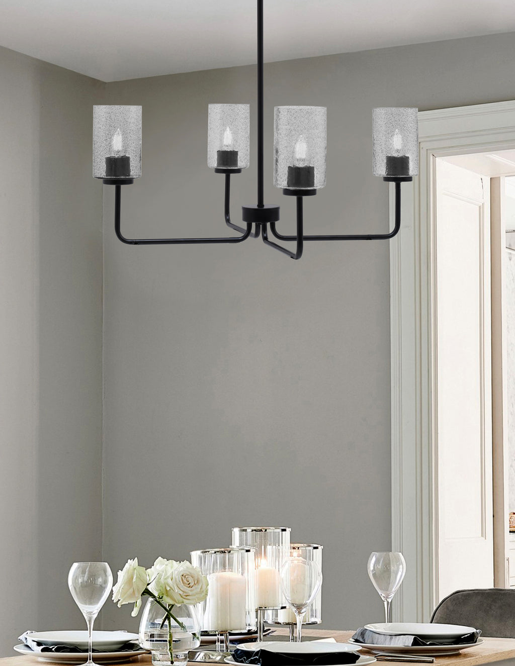 Sandia Four Light Chandelier in Matte Black with Smoke Bubble Shade