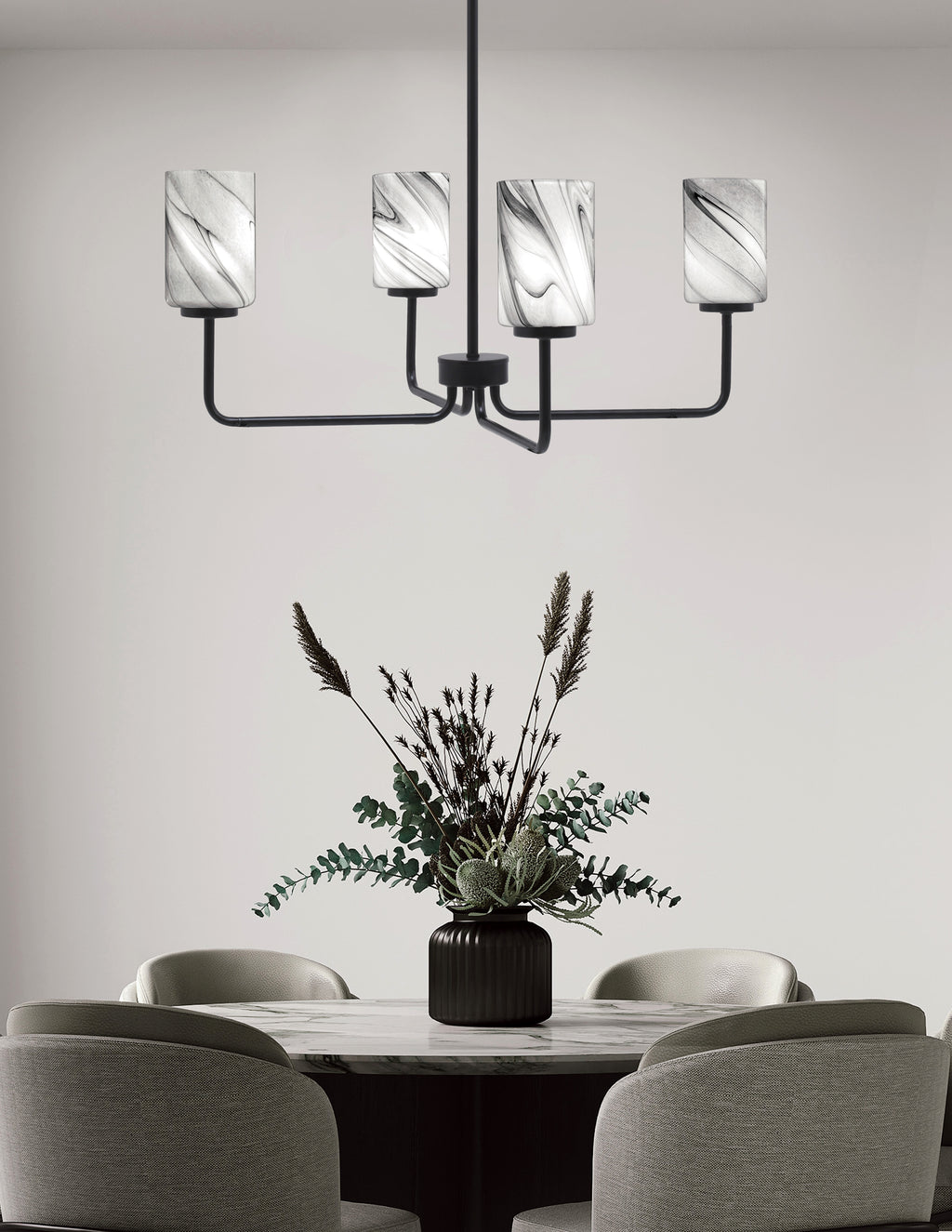 Sandia Four Light Chandelier in Matte Black with Onyx Swirl Shade