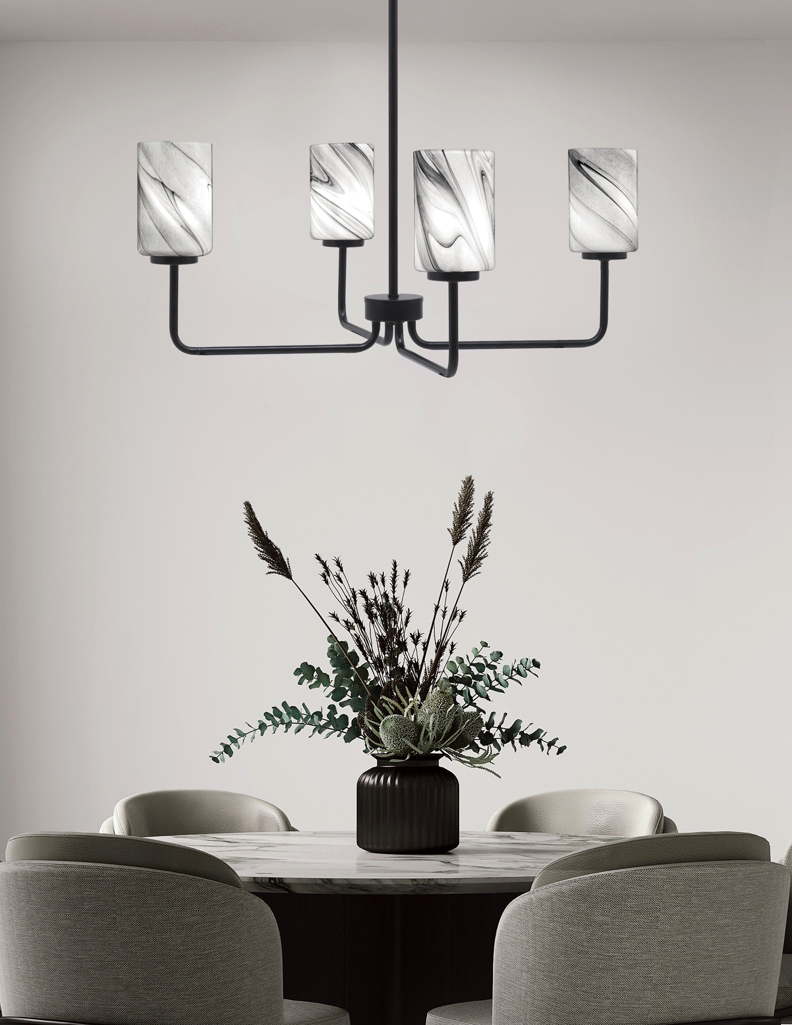 Sandia Four Light Chandelier in Matte Black with Onyx Swirl Shade