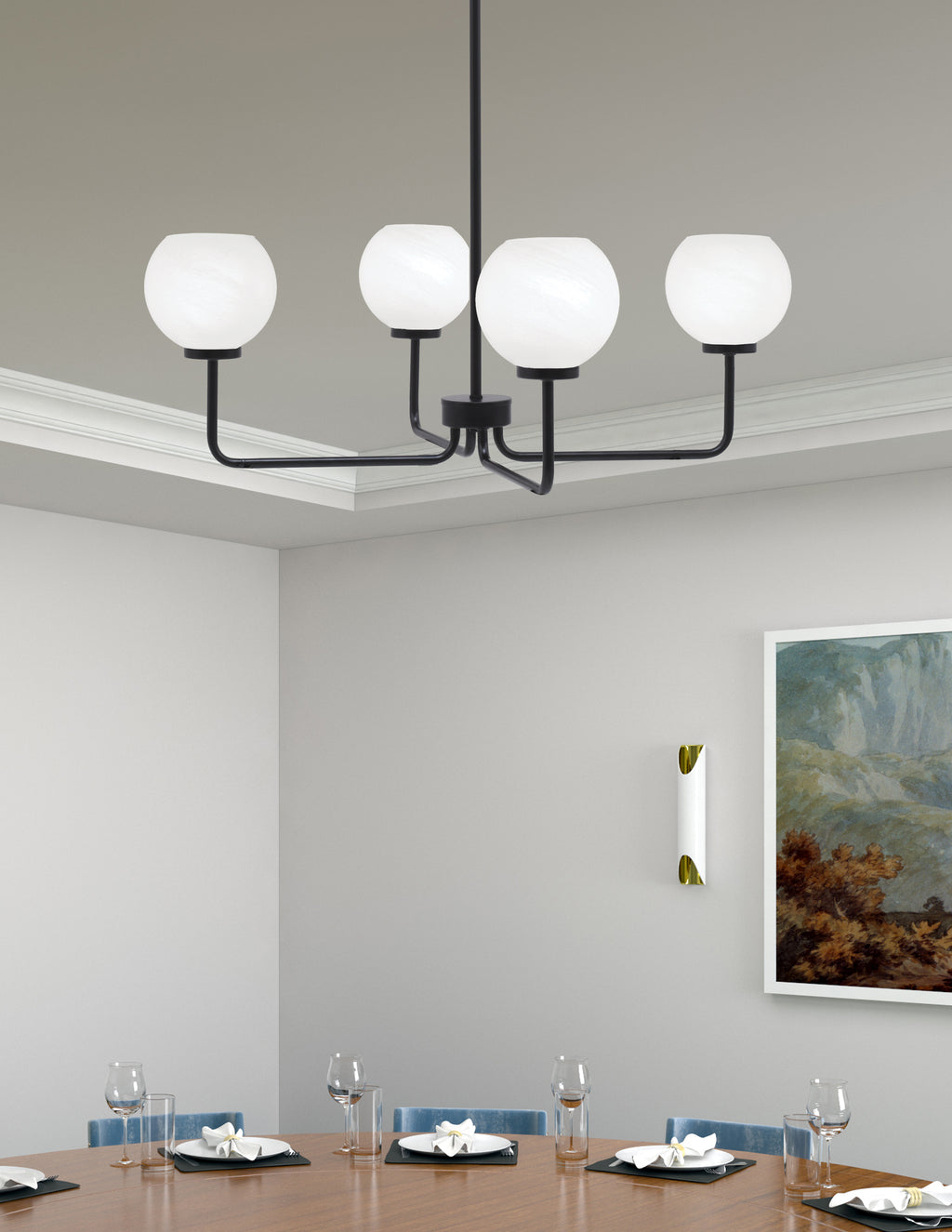 Sandia Four Light Chandelier in Matte Black with White Marble Shade