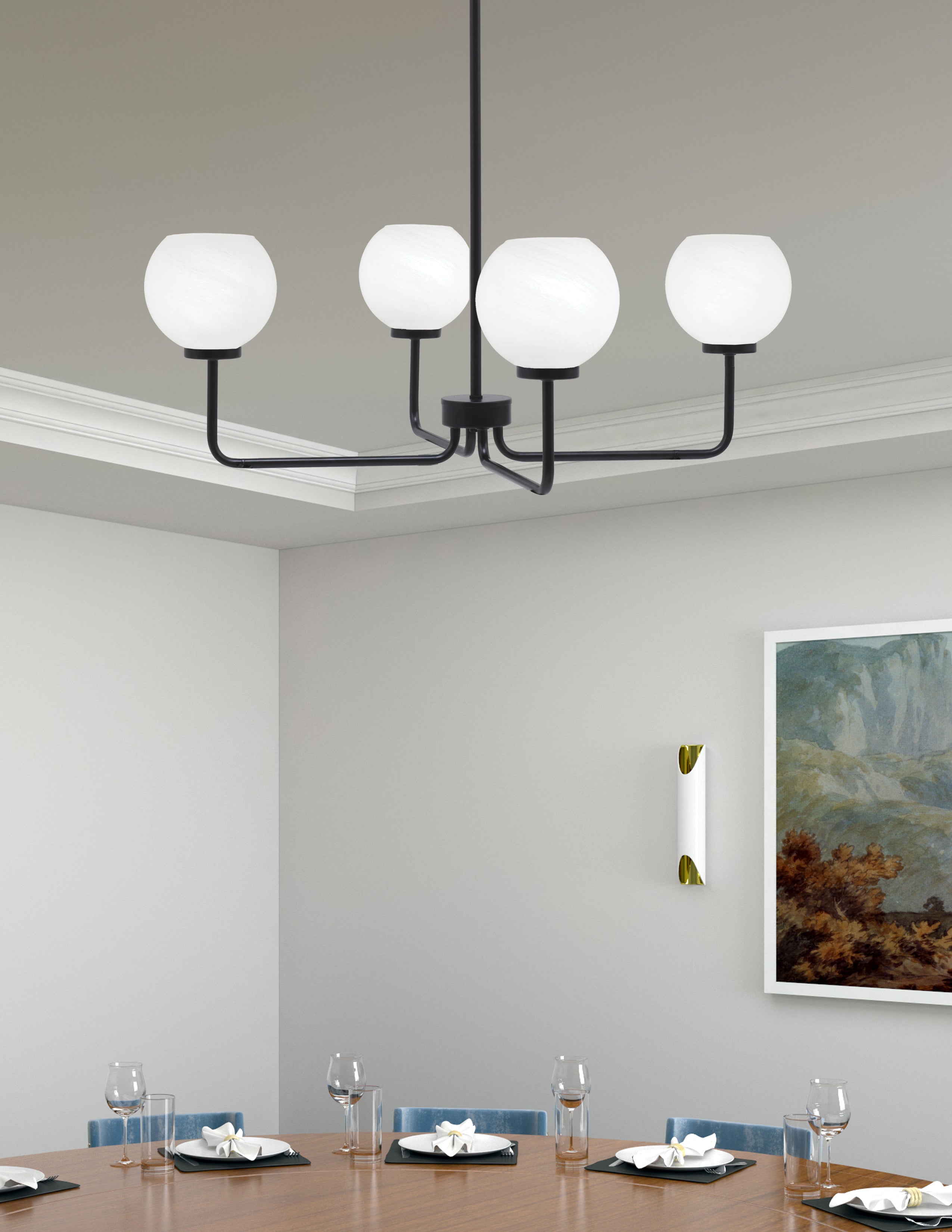 Sandia Four Light Chandelier in Matte Black with White Marble Shade
