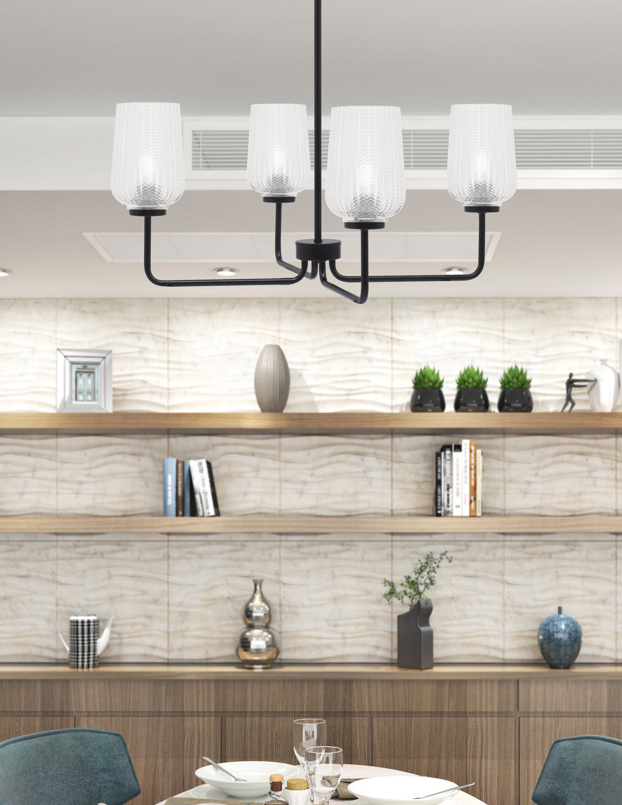 Sandia Four Light Chandelier in Matte Black with Clear Textured Shade