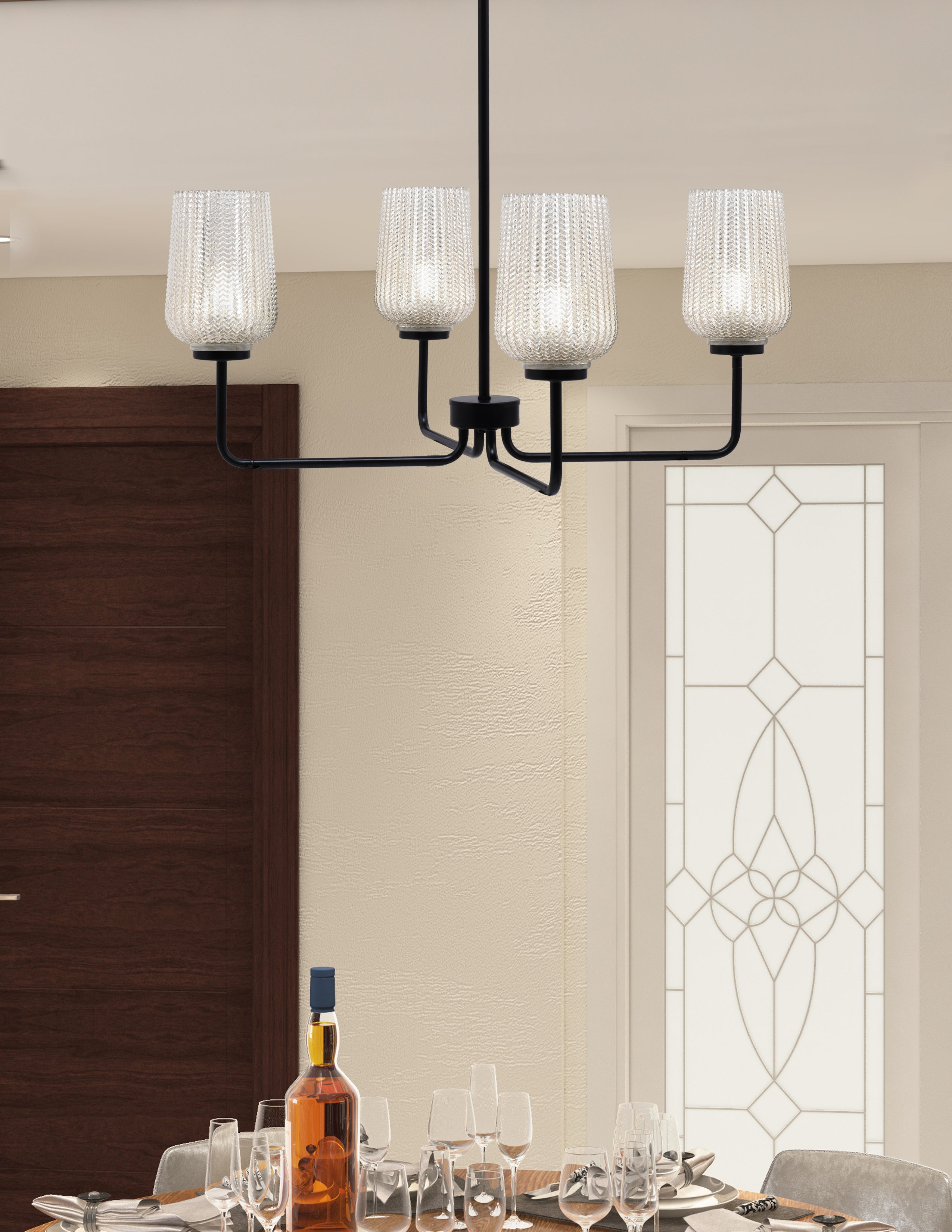 Sandia Four Light Chandelier in Matte Black with Silver Textured Shade