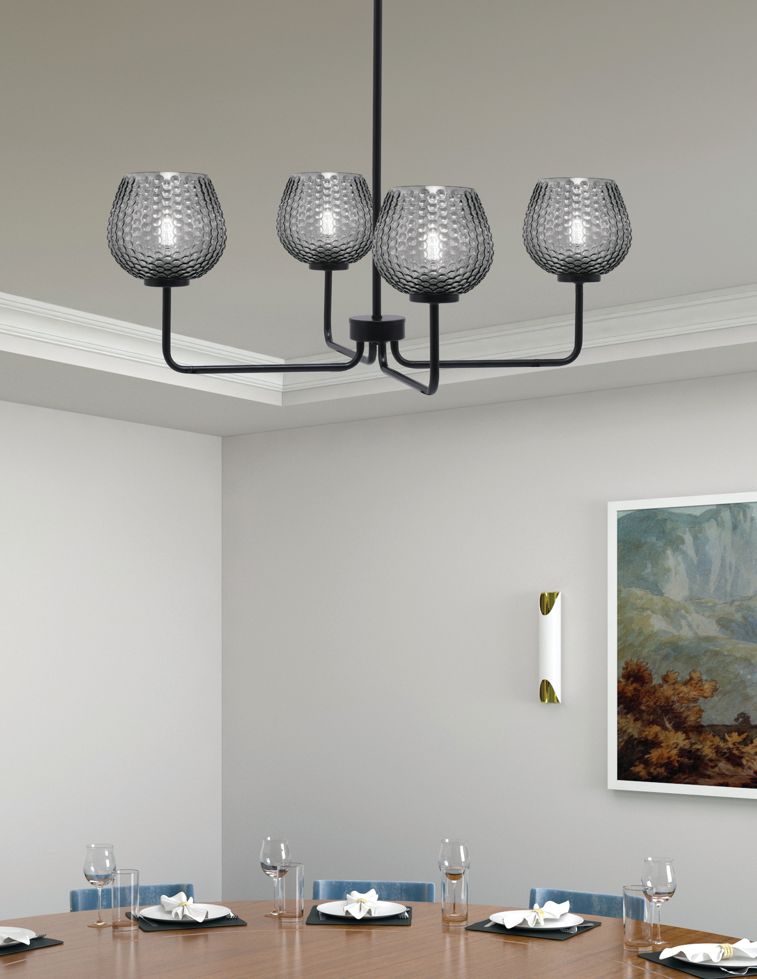 Sandia Four Light Chandelier in Matte Black with Smoke Textured Shade