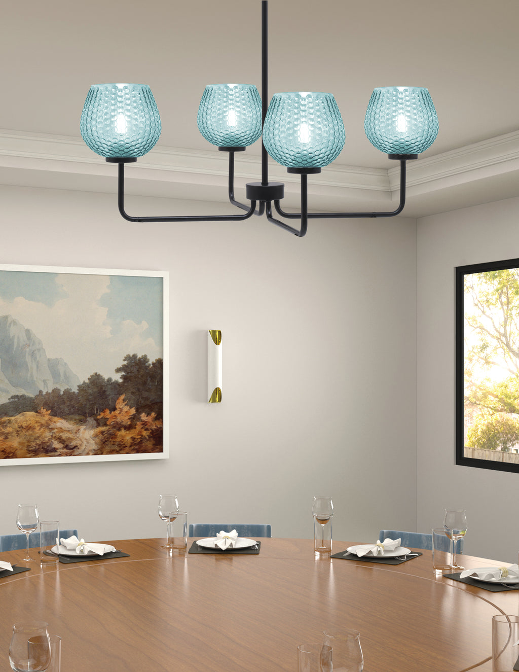 Sandia Four Light Chandelier in Matte Black with Turquoise Textured Shade