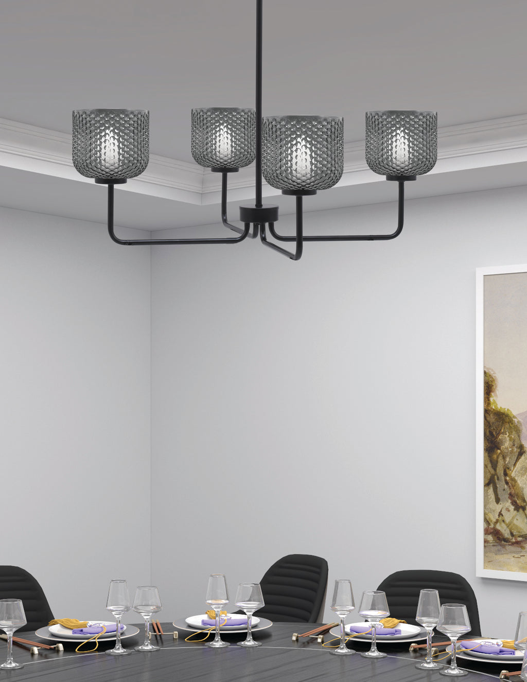Sandia Four Light Chandelier in Matte Black with Smoke Textured Shade