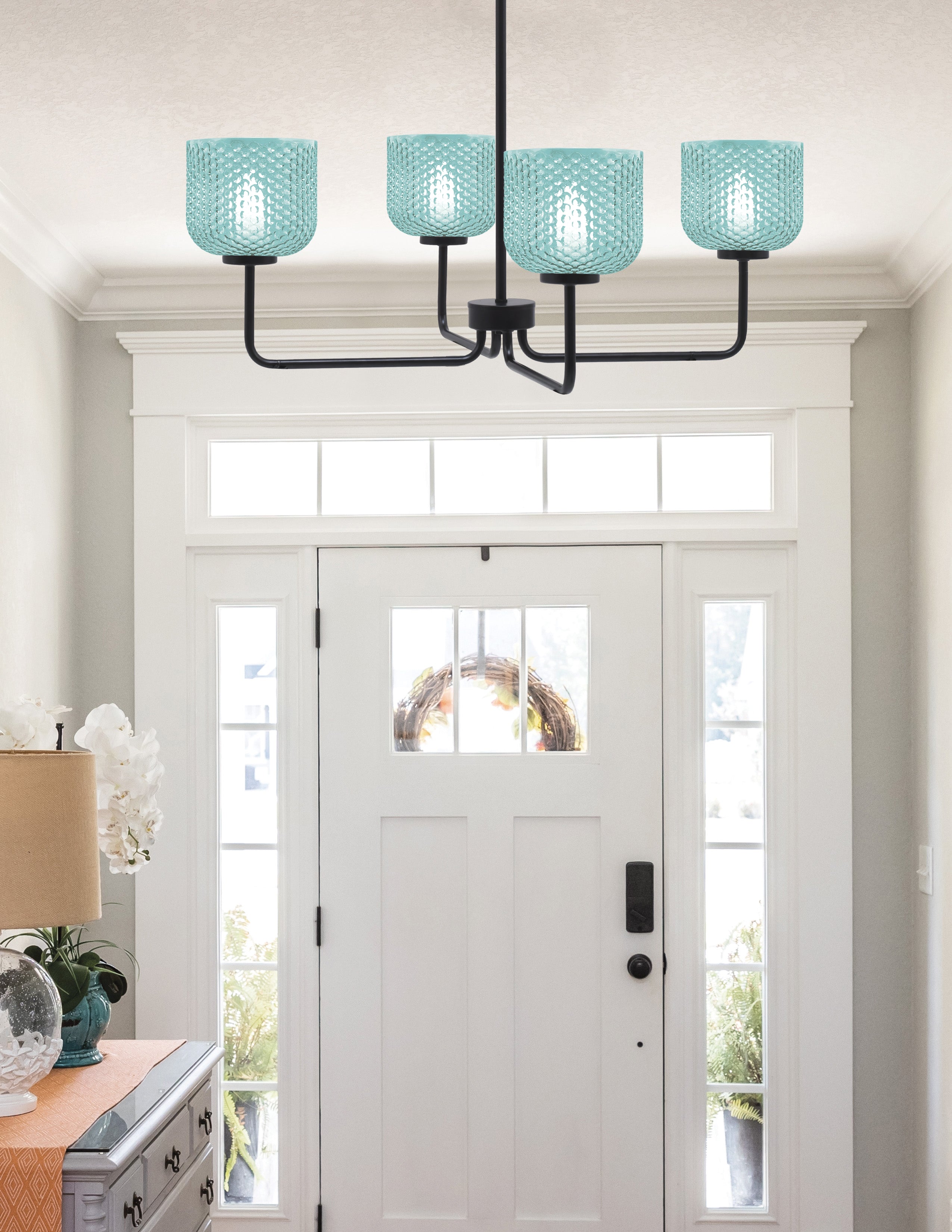 Sandia Four Light Chandelier in Matte Black with Turquoise Textured Shade