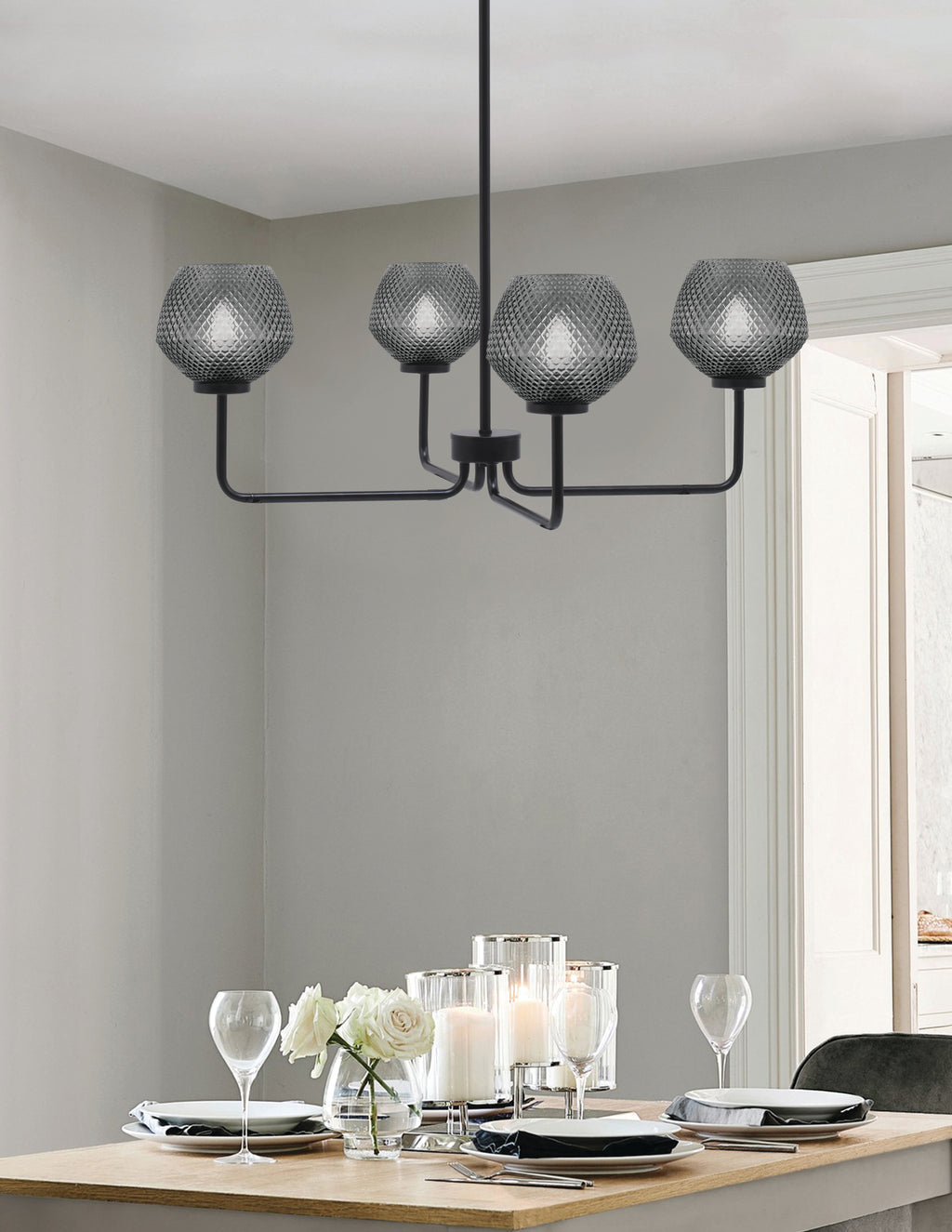 Sandia Four Light Chandelier in Matte Black with Smoke Textured Shade