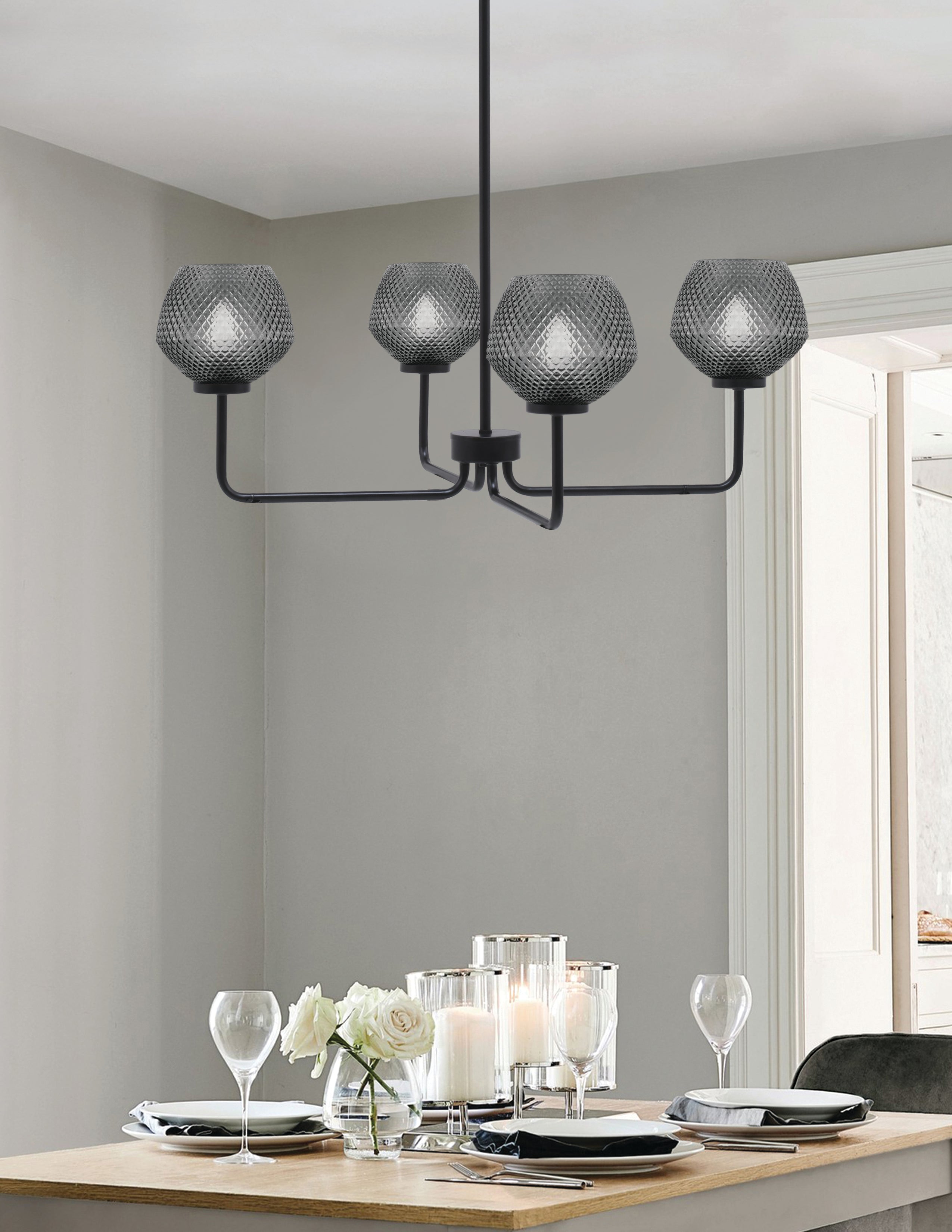 Sandia Four Light Chandelier in Matte Black with Smoke Textured Shade