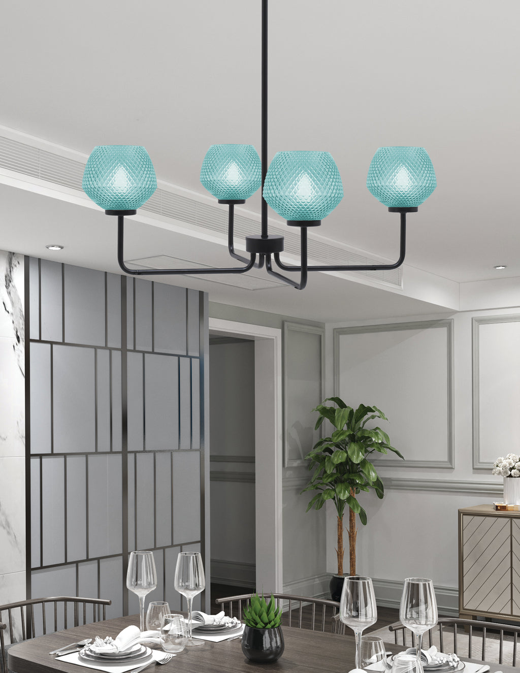 Sandia Four Light Chandelier in Matte Black with Turquoise Textured Shade