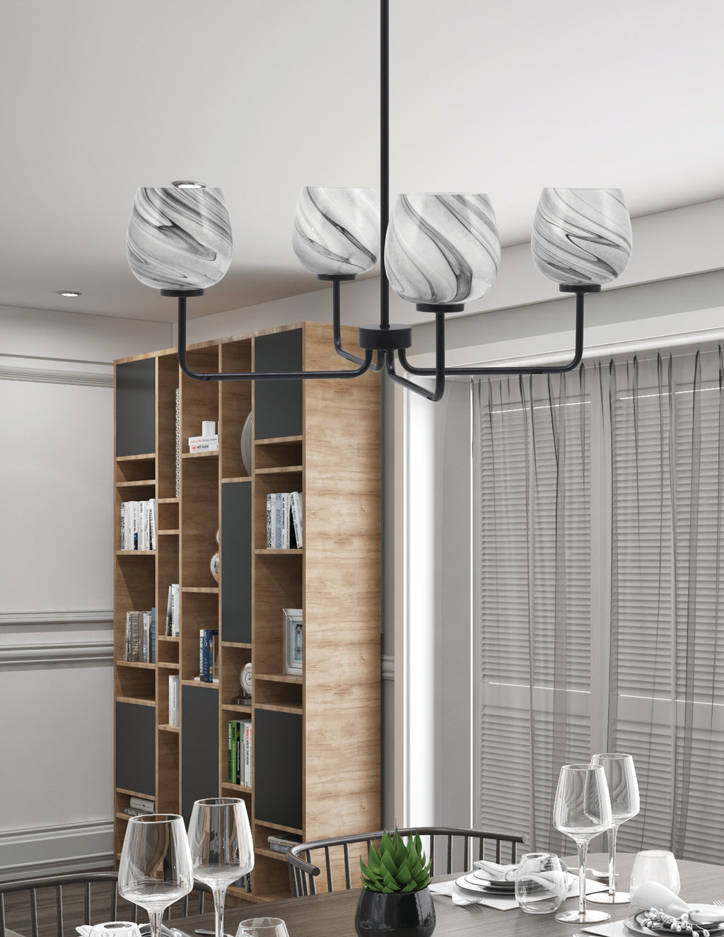 Sandia Four Light Chandelier in Matte Black with Onyx Swirl Shade