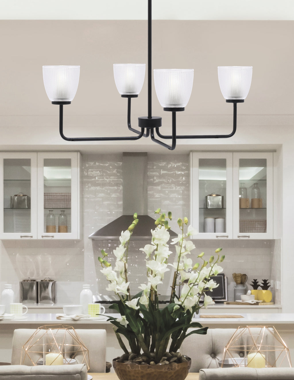 Sandia Four Light Chandelier in Matte Black with Clear Ribbed Shade