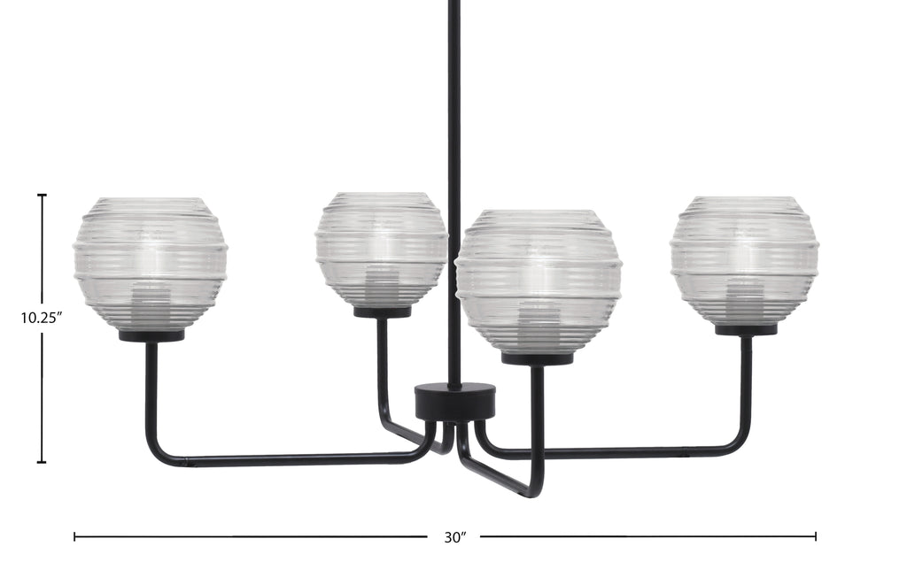 Sandia Four Light Chandelier in Matte Black with Clear Ribbed Shade