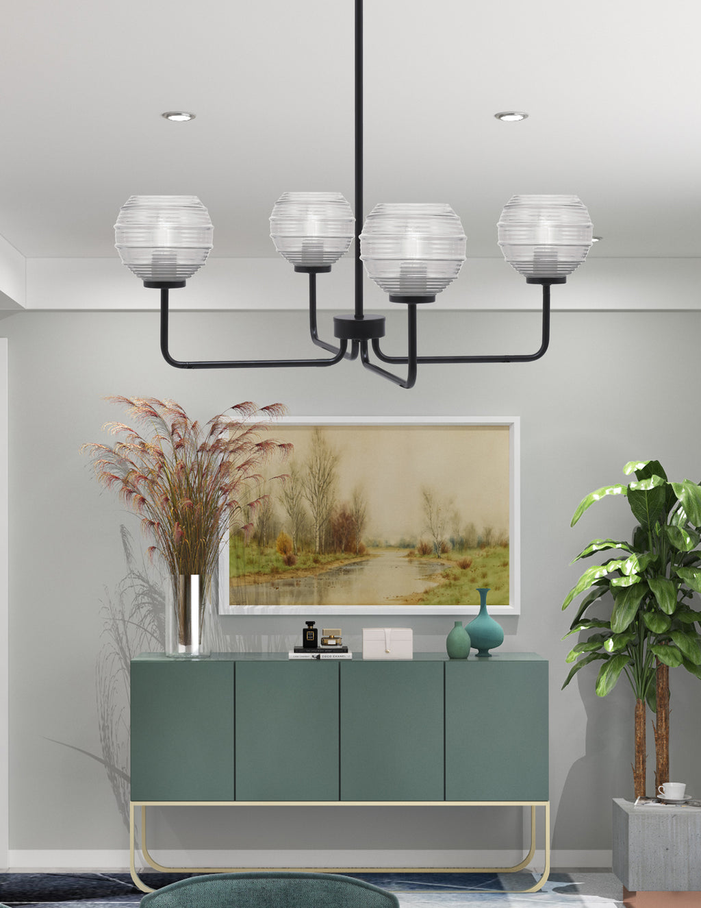 Sandia Four Light Chandelier in Matte Black with Clear Ribbed Shade